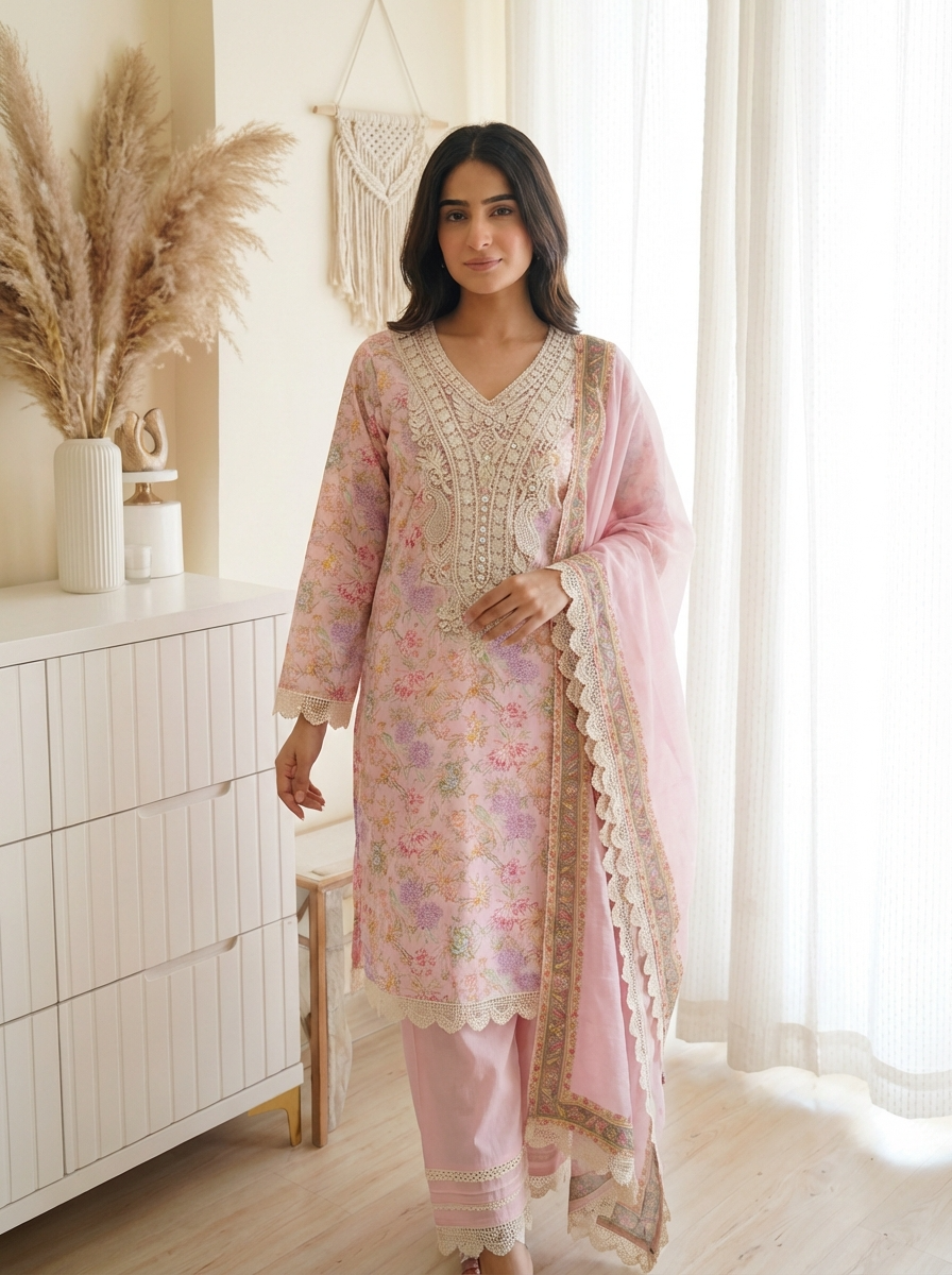 Parijat Pure Cotton Printed Pink 3-Piece Set (Devri – D.No 21012)