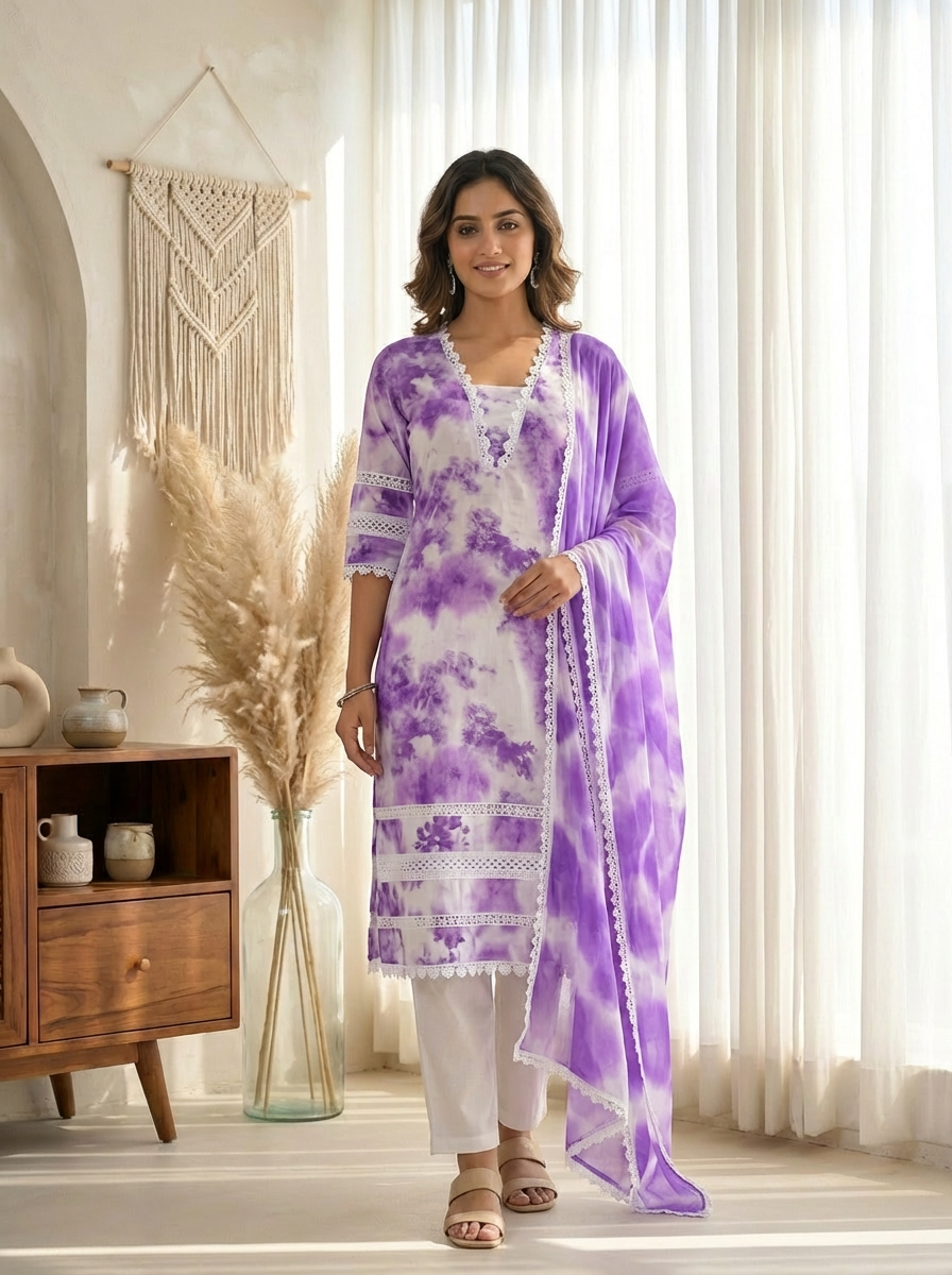 Purple Cotton Printed Ready-Made Elegant Crocia Lace -Set of 3 {8861}