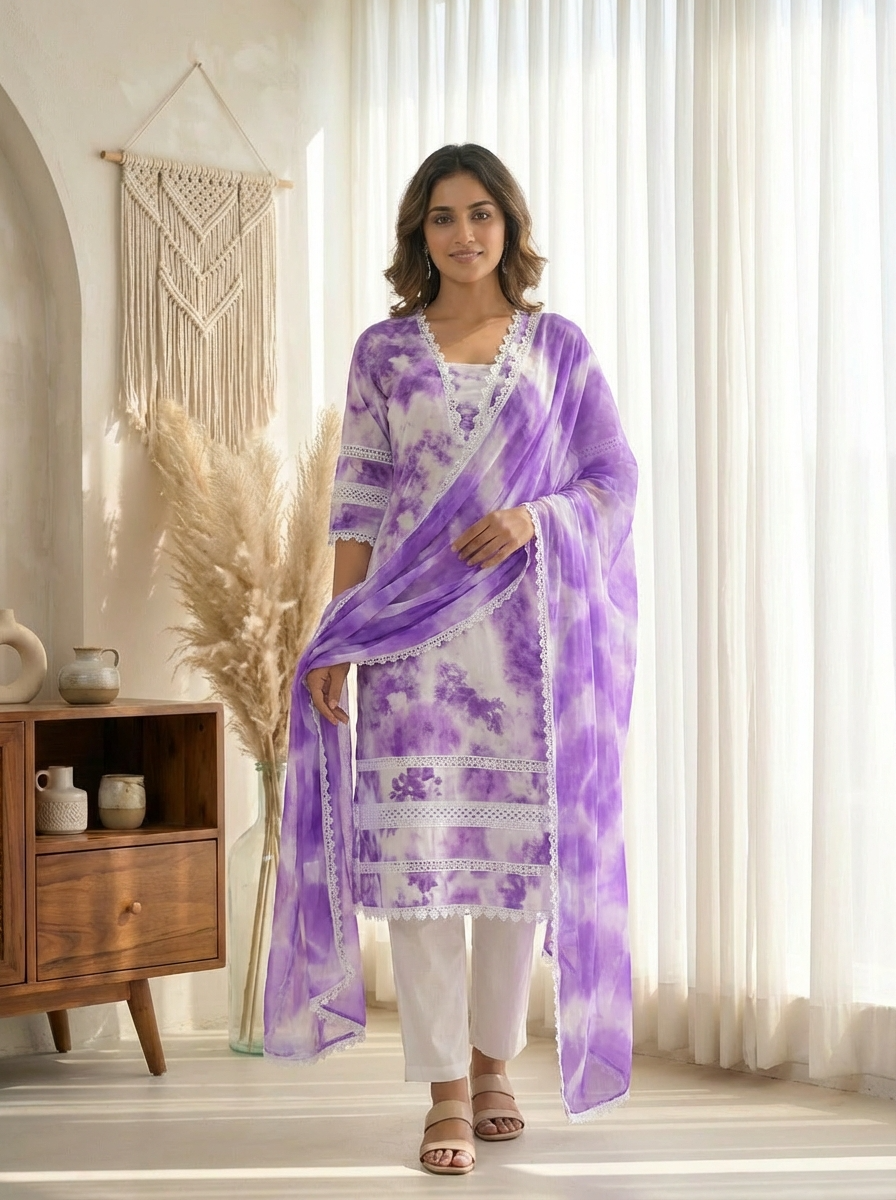 Purple Cotton Printed Ready-Made Elegant Crocia Lace -Set of 3 {8861}