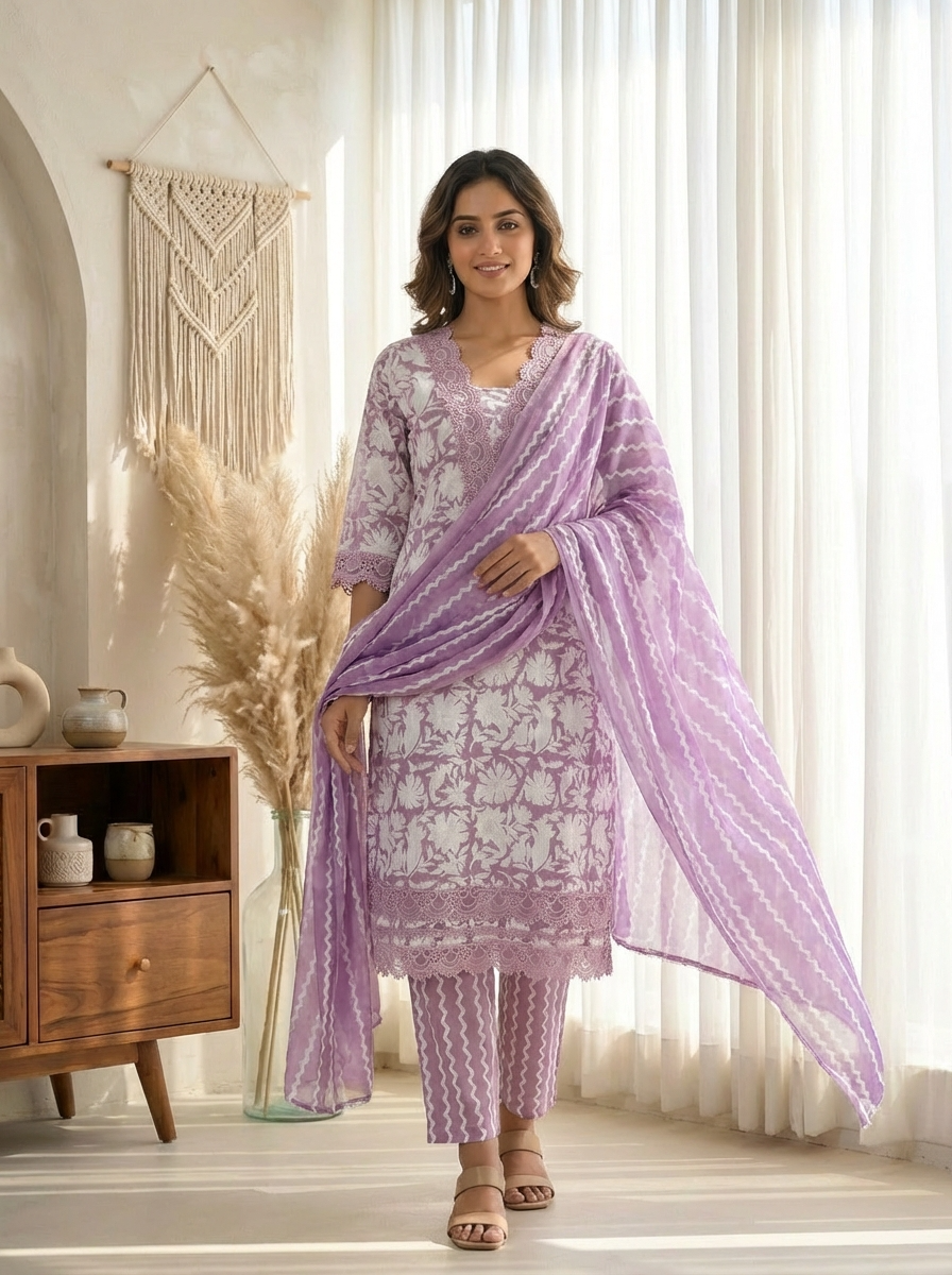 Amara Cotton Printed Mauve & White 3-Piece Set (Devri – D.No 20075)