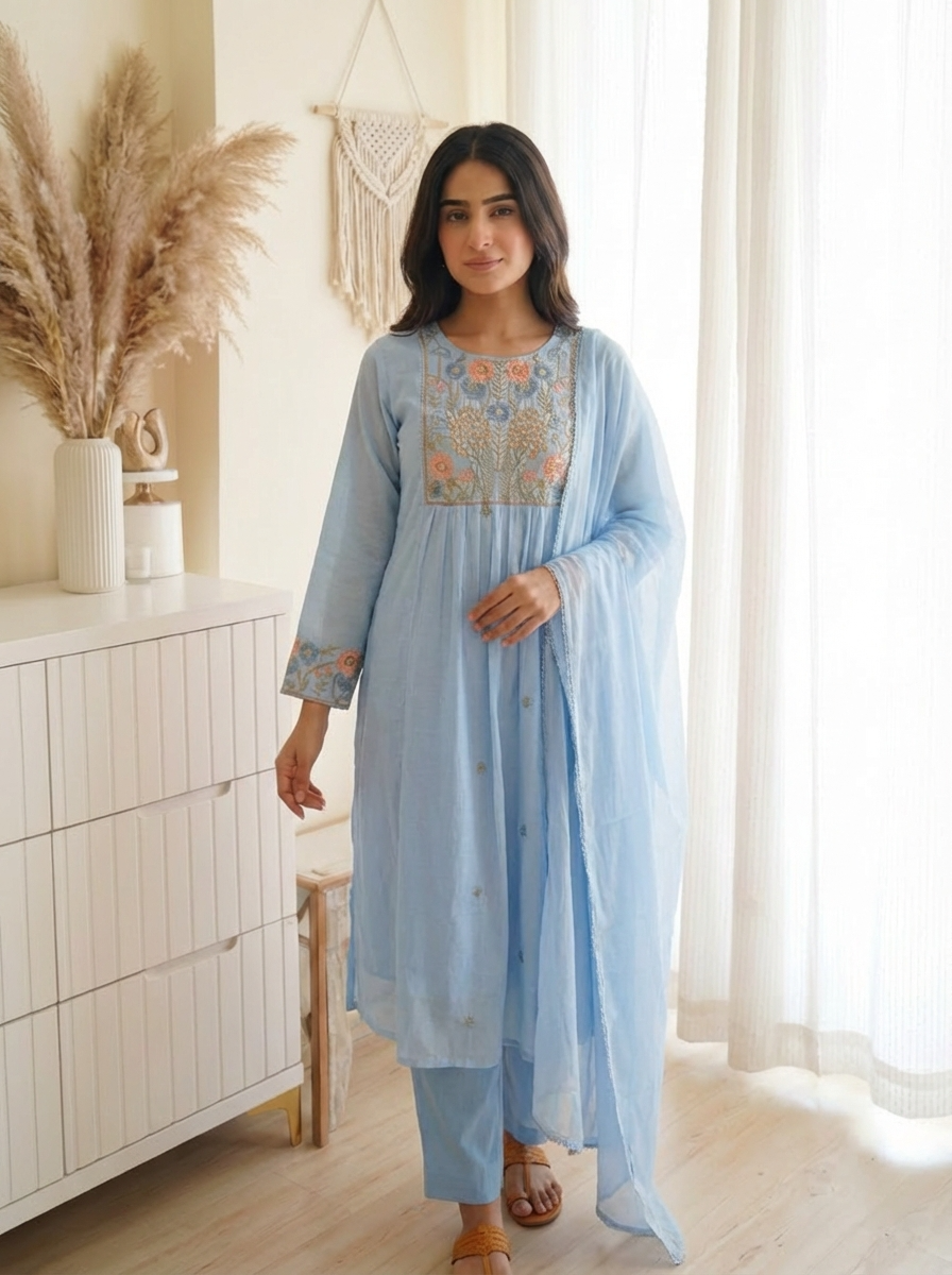 Aarya Cotton Embroidered Powder Blue 3-Piece Set (Devri – D.No 20078)
