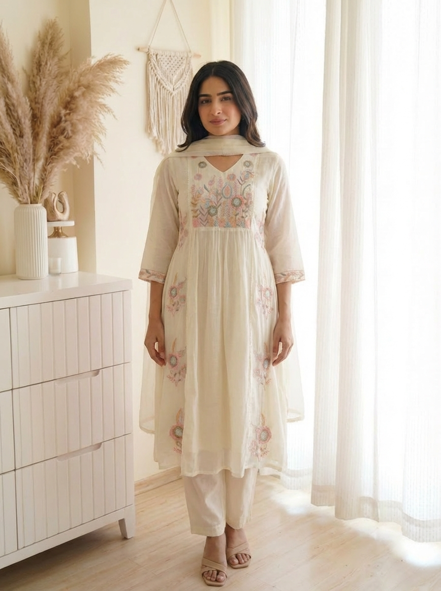 Inaya Cotton Embroidered Ivory& Rose 3-Piece Set (Devri – D.No 20077)