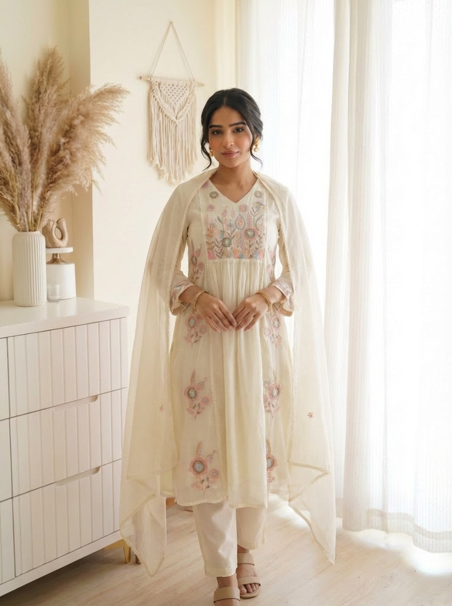 Inaya Cotton Embroidered Ivory& Rose 3-Piece Set (Devri – D.No 20077)