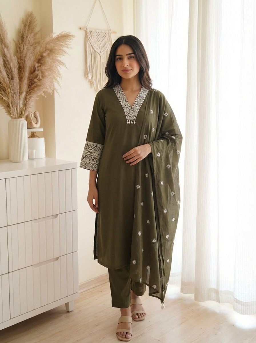 Aavya Cotton Embroidered Olive Green 3-Piece Set (Devri – D.No 21013)