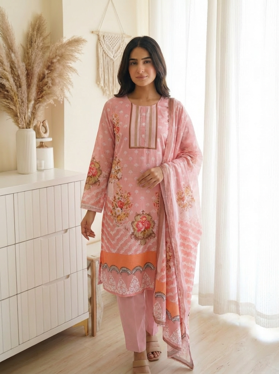 Pink Muslin Printed Pakistani stiched -Set Of 3 {7665}