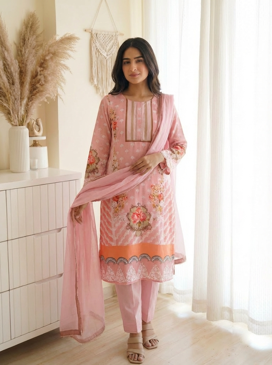 Pink Muslin Printed Pakistani stiched -Set Of 3 {7665}