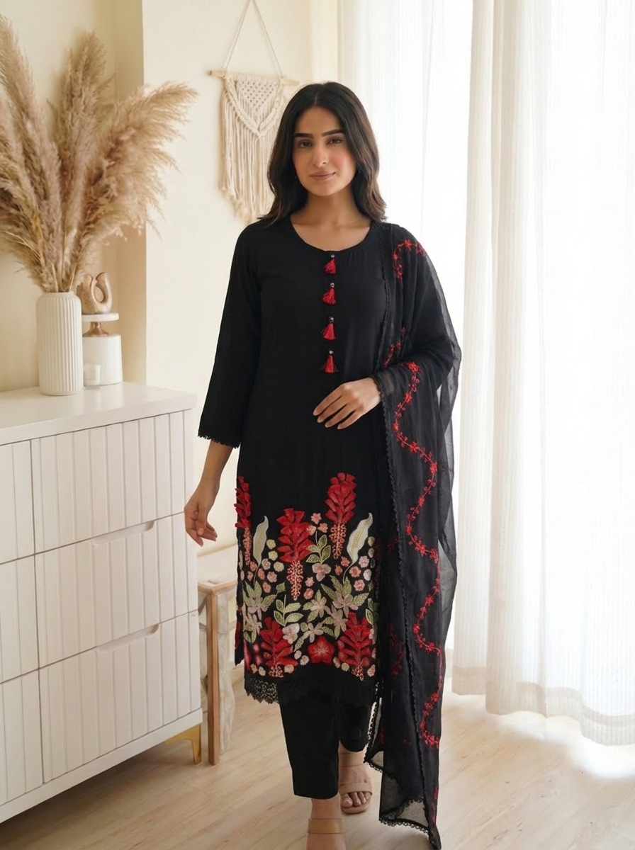 Black Muslin Stiched Embroidered -Set Of 3 {1035}