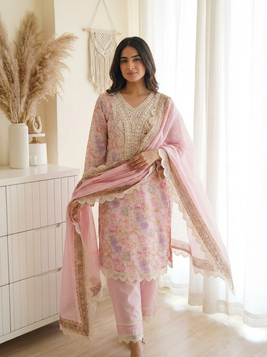 Parijat Pure Cotton Printed Pink 3-Piece Set (Devri – D.No 21012)