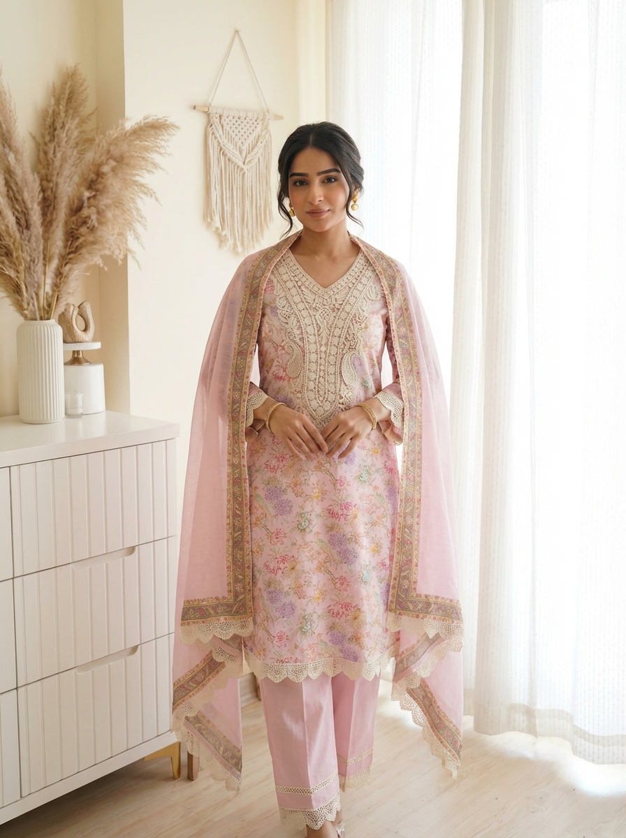 Parijat Pure Cotton Printed Pink 3-Piece Set (Devri – D.No 21012)