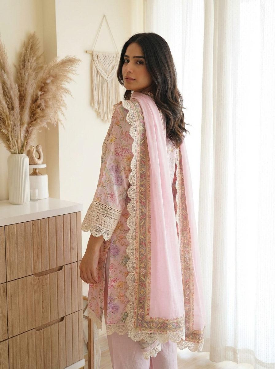 Parijat Pure Cotton Printed Pink 3-Piece Set (Devri – D.No 21012)