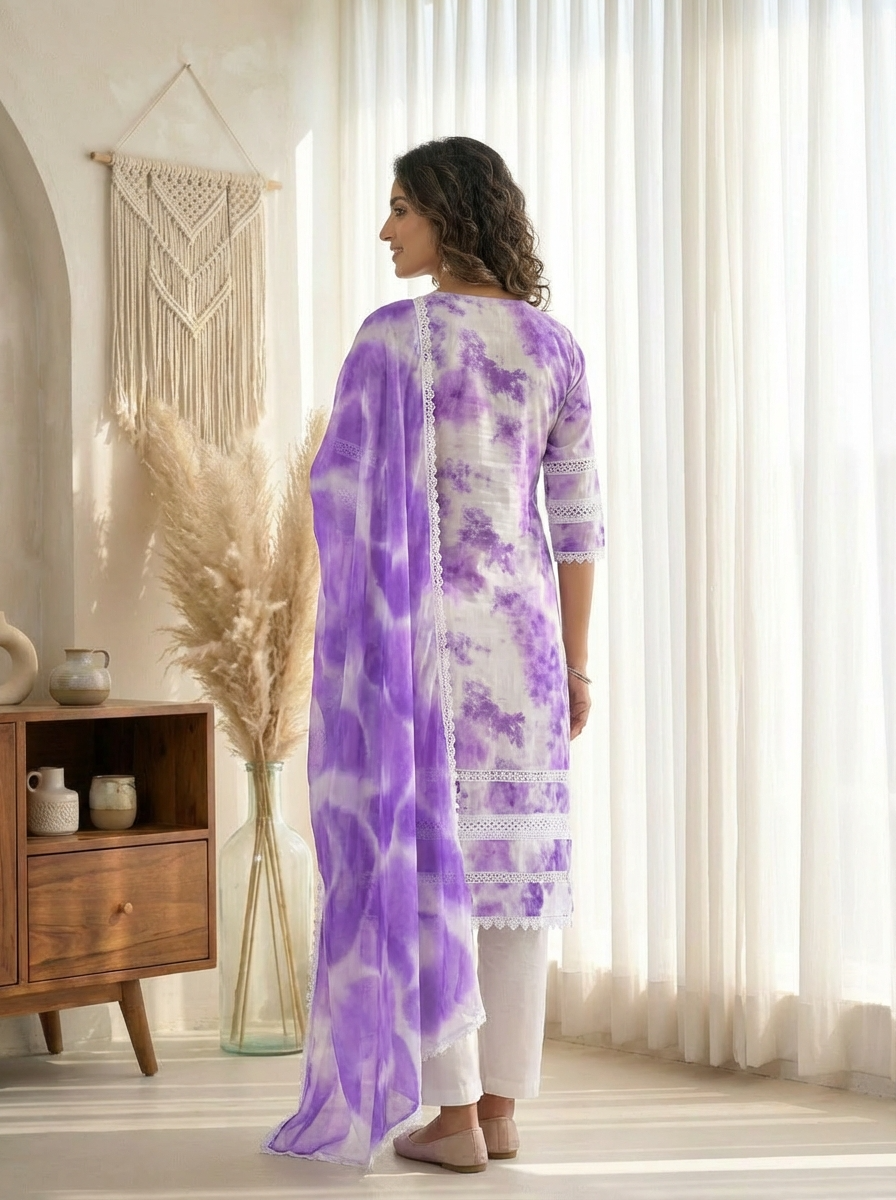 Purple Cotton Printed Ready-Made Elegant Crocia Lace -Set of 3 {8861}