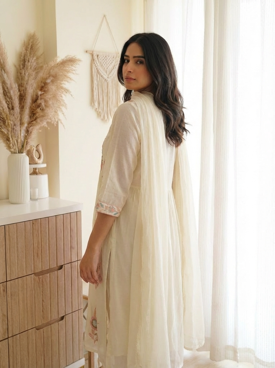 Inaya Cotton Embroidered Ivory& Rose 3-Piece Set (Devri – D.No 20077)