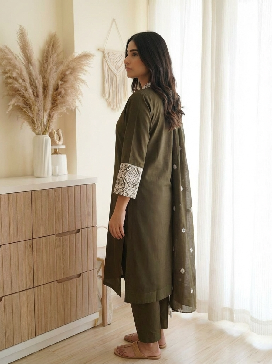 Aavya Cotton Embroidered Olive Green 3-Piece Set (Devri – D.No 21013)