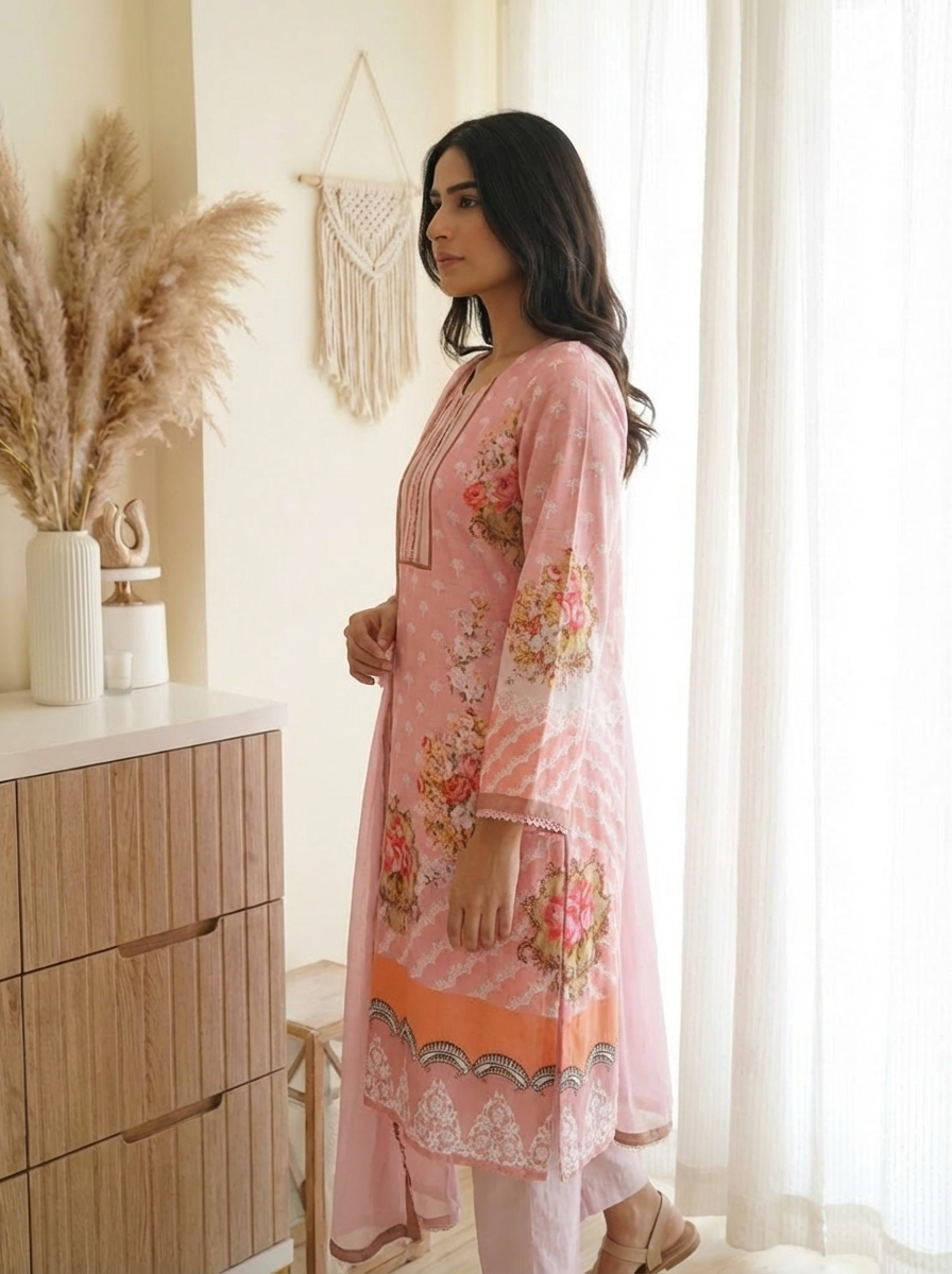 Pink Muslin Printed Pakistani stiched -Set Of 3 {7665}
