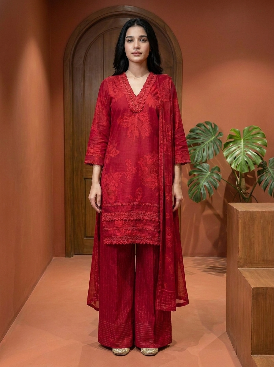 Gulnaar Pure Cotton Printed Maroon 3-Piece Set (Devri – D.No 21094)