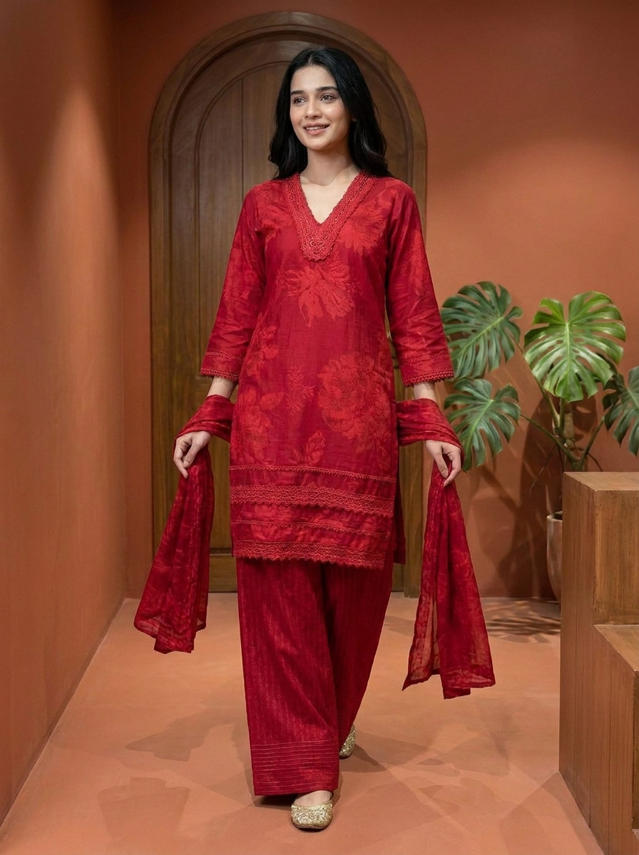 Gulnaar Pure Cotton Printed Maroon 3-Piece Set (Devri – D.No 21094)