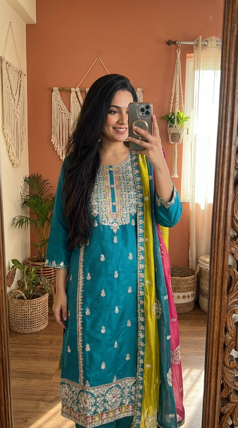 Vibrant Blue Silk Stiched Embroidered -Set Of 3 {1030}