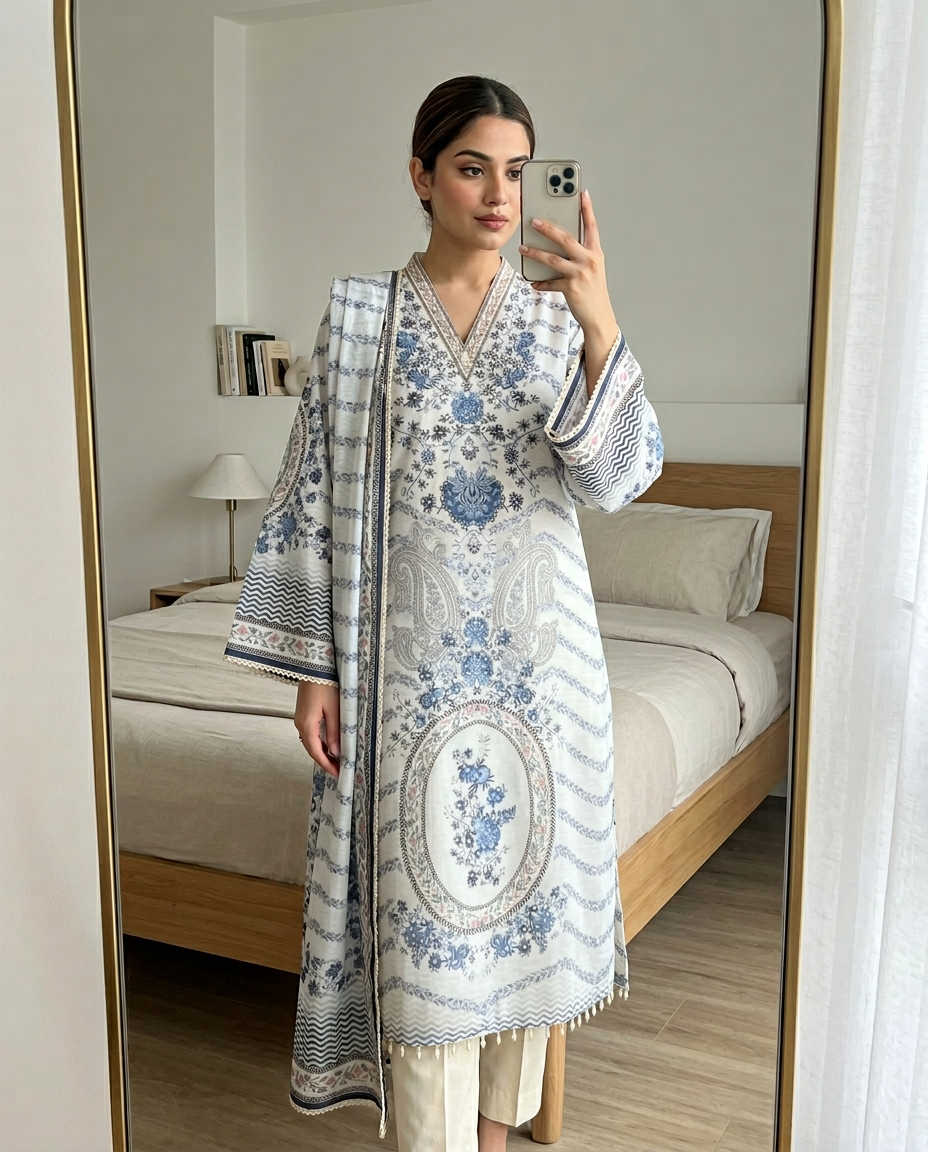 White and Blue Muslin Printed Unstitched 3-Piece Suit (Devri – D.No 12774)