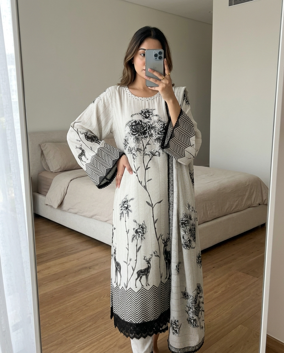 Off-White and Black Muslin Printed Unstitched 3-Piece Suit (Devri – D.No 12761)