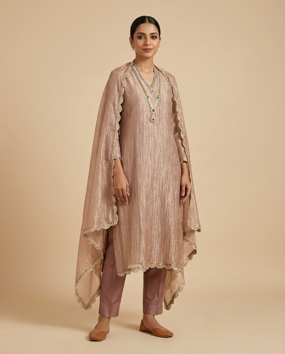 Brown Tissue Crush Hand Unstitched 3-Piece Suit (Devri – D.No 13524)