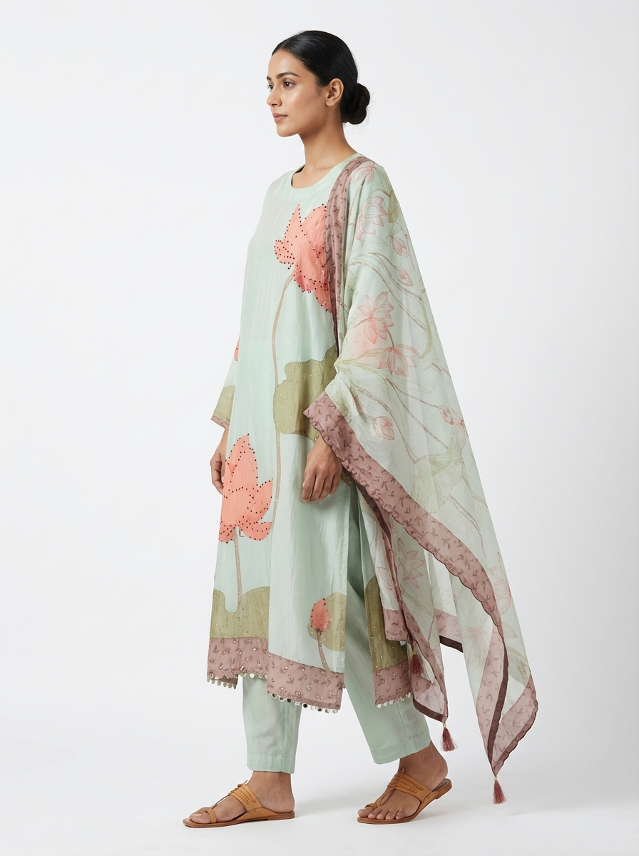 Light Pastel Green Muslin Semi- Stitched Hand Embroidered -Set Of 3 {11073}