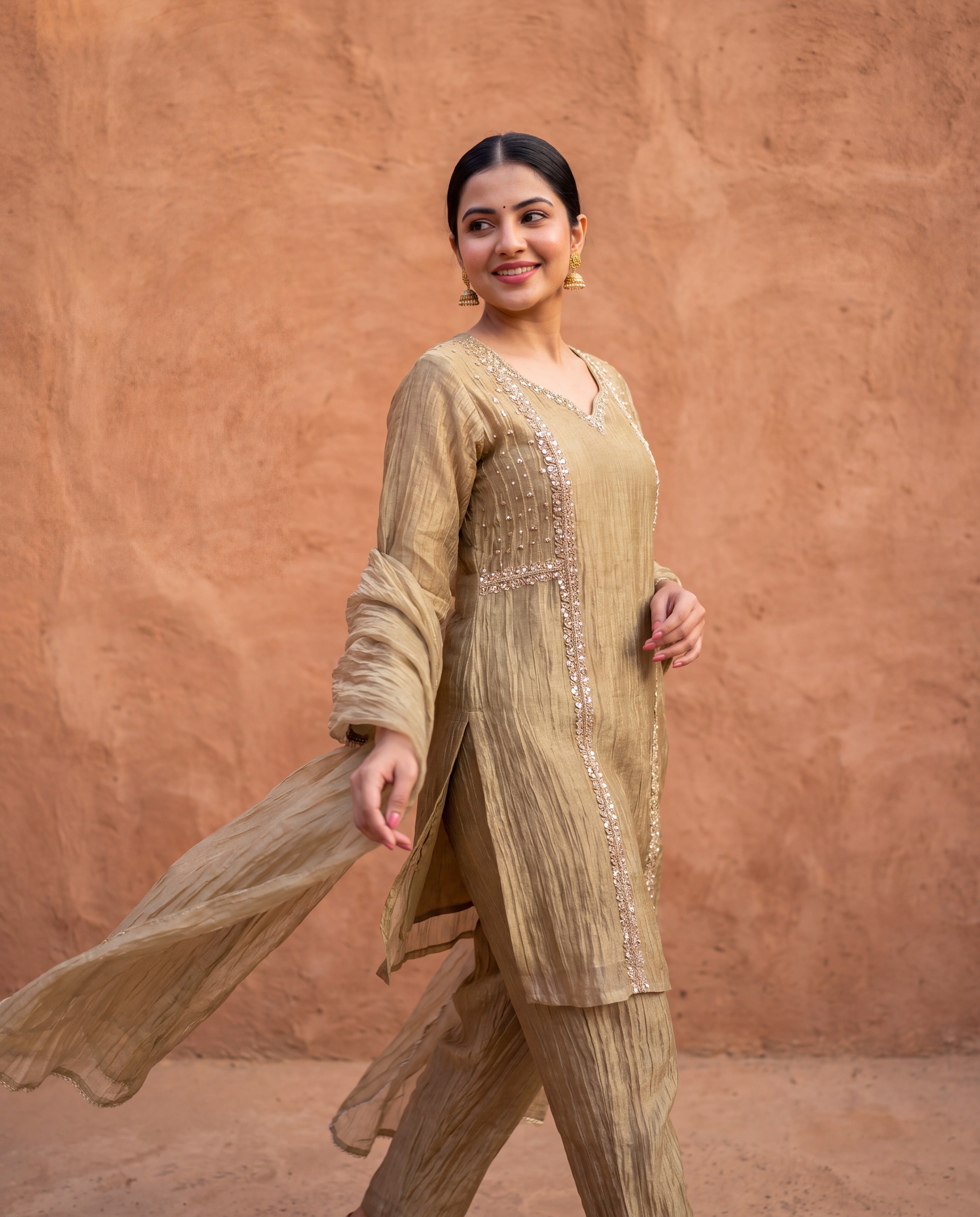 Zareen Tissue Crush Embroidered Gold 3-Piece Set (Devri – D.No 13583)