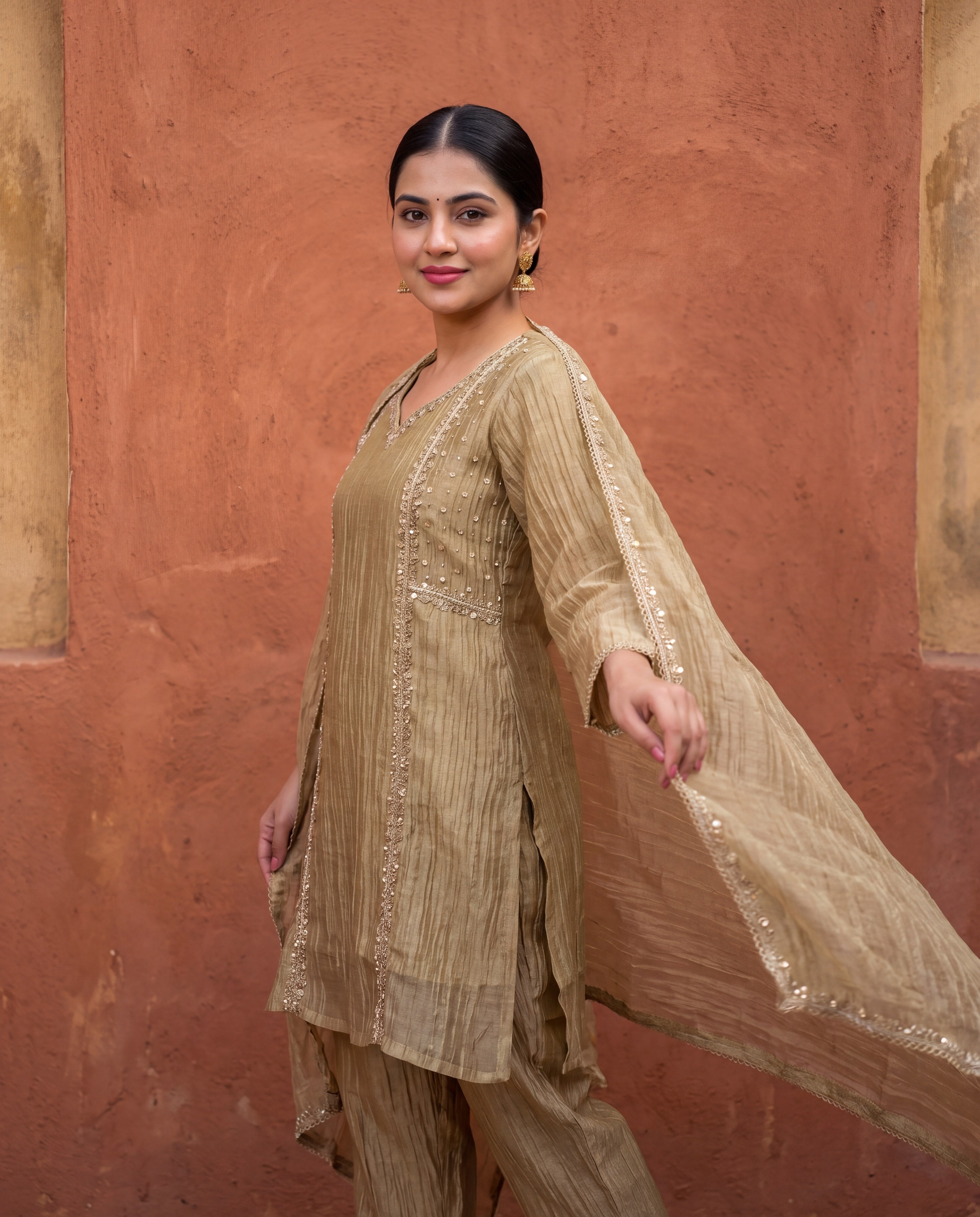 Zareen Tissue Crush Embroidered Gold 3-Piece Set (Devri – D.No 13583)
