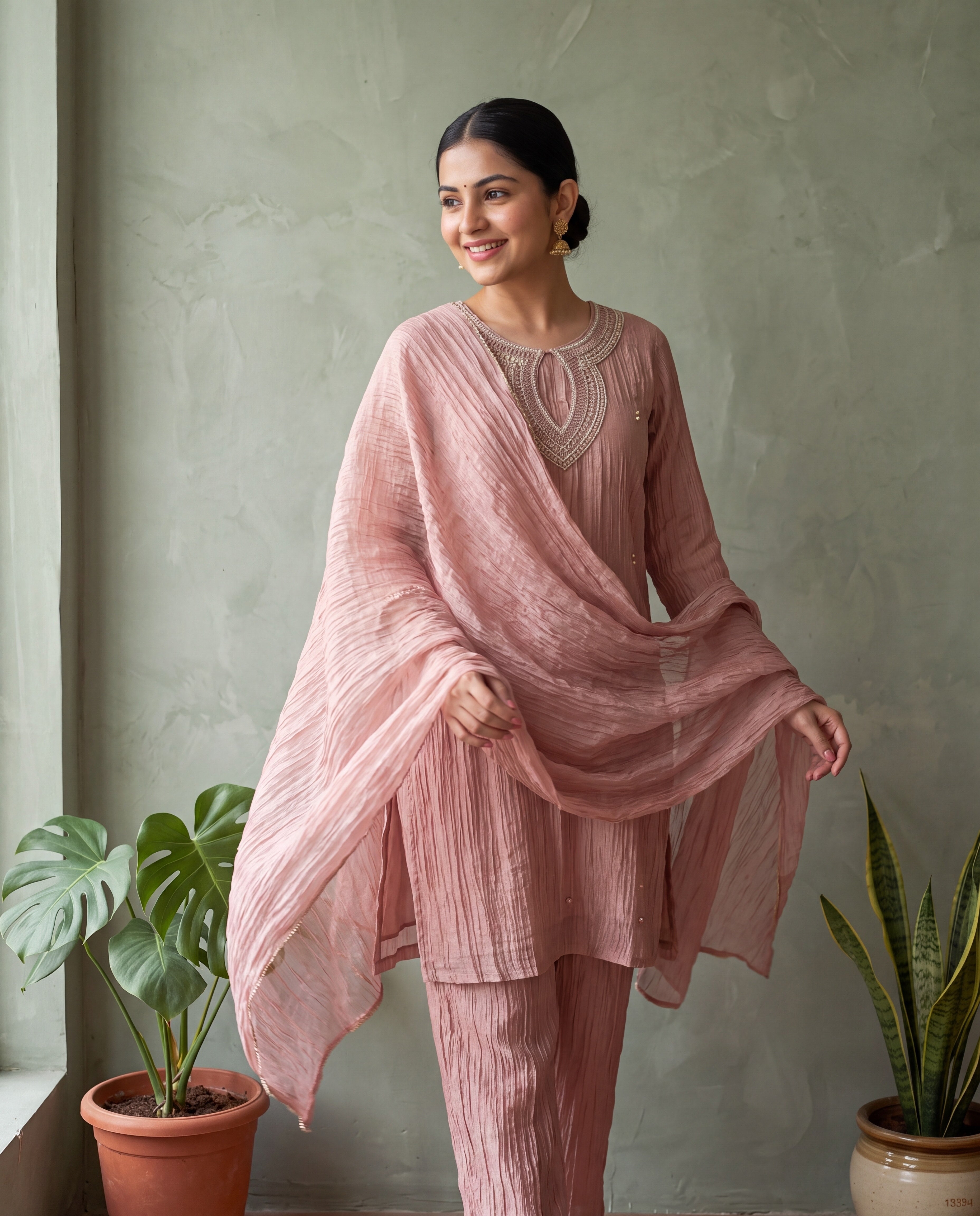 Gulnaar Tissue crush silk Embroidered Dusty Pink 3-Piece Set (Devri – D.No 13584)