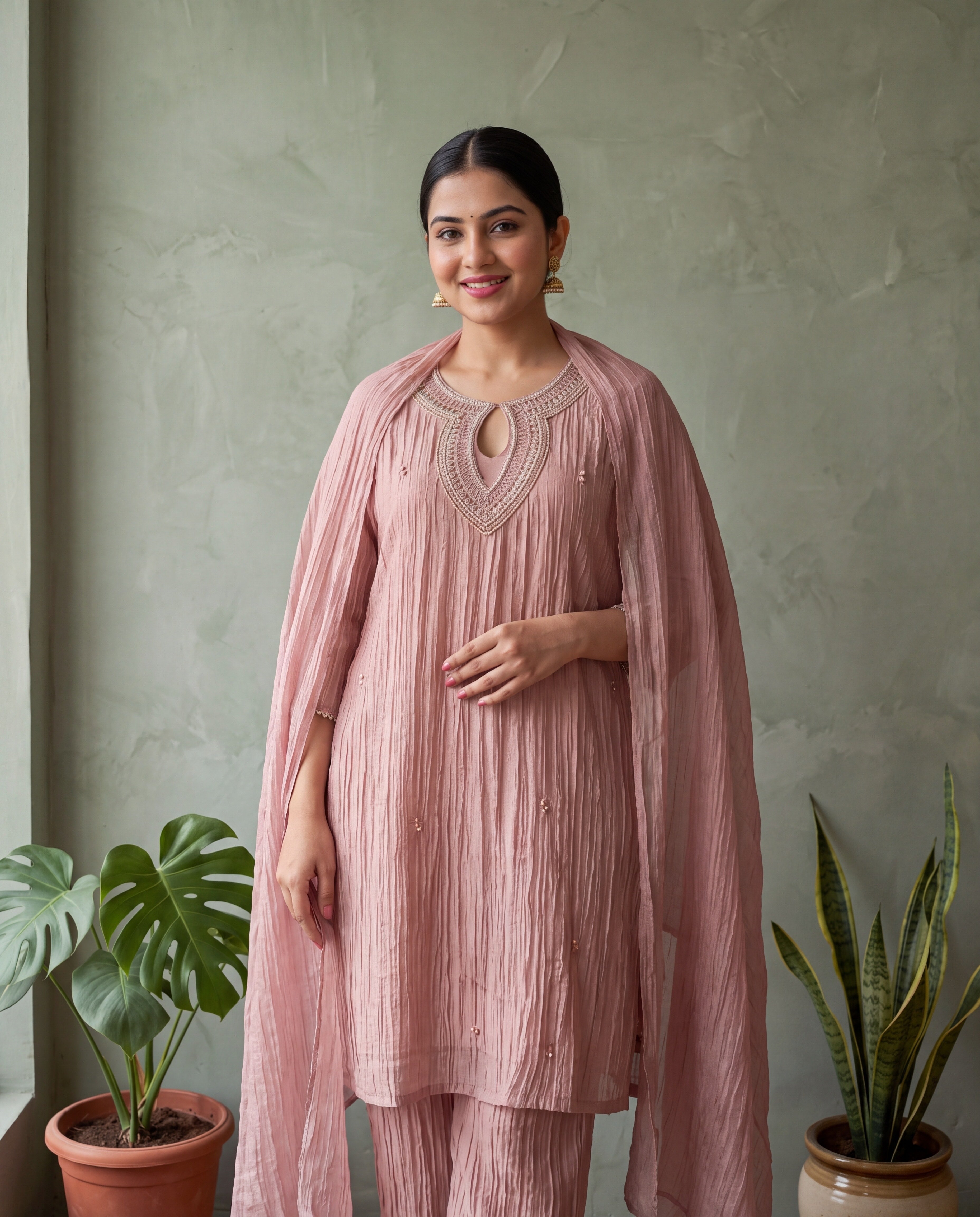 Gulnaar Tissue crush silk Embroidered Dusty Pink 3-Piece Set (Devri – D.No 13584)