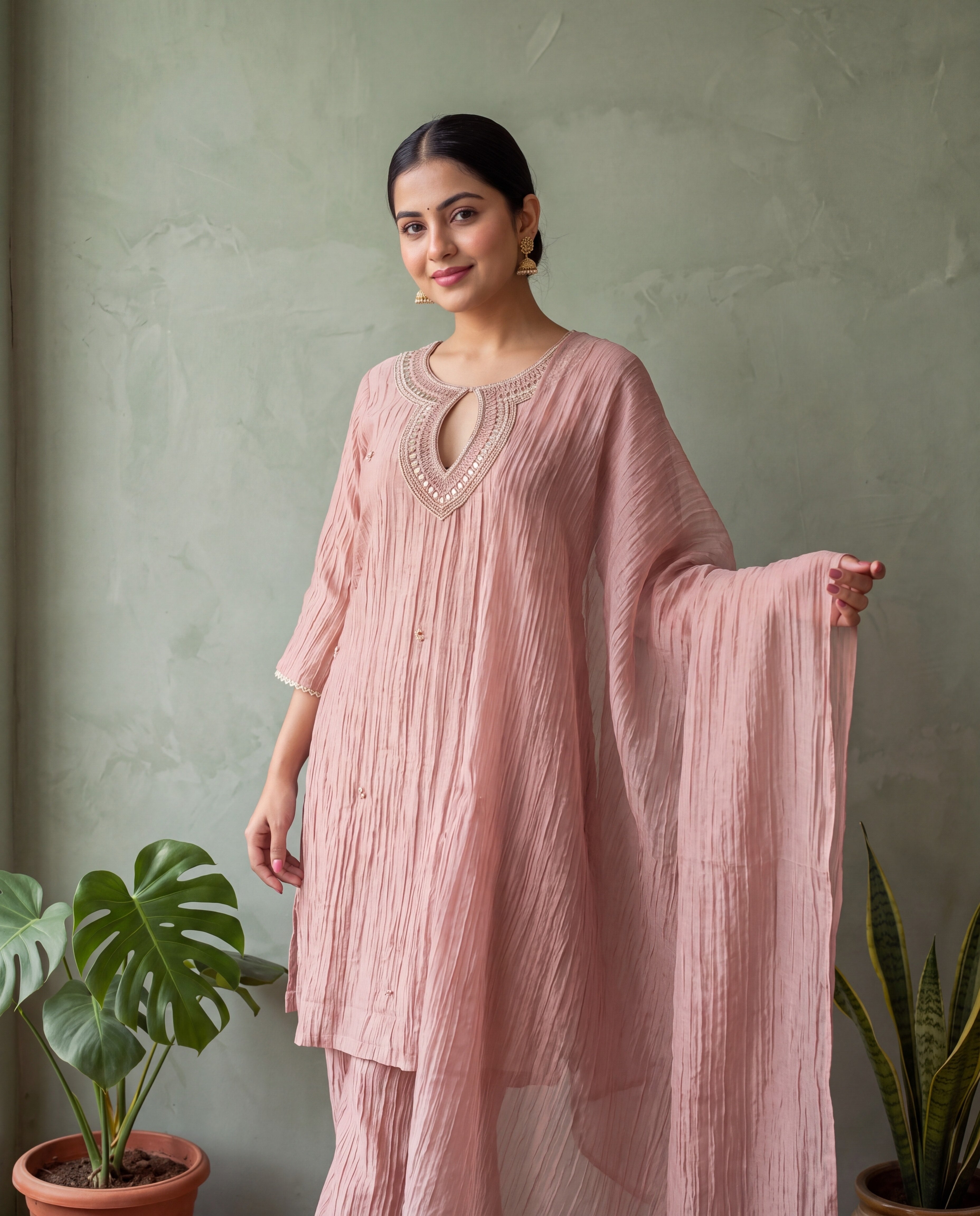 Gulnaar Tissue crush silk Embroidered Dusty Pink 3-Piece Set (Devri – D.No 13584)