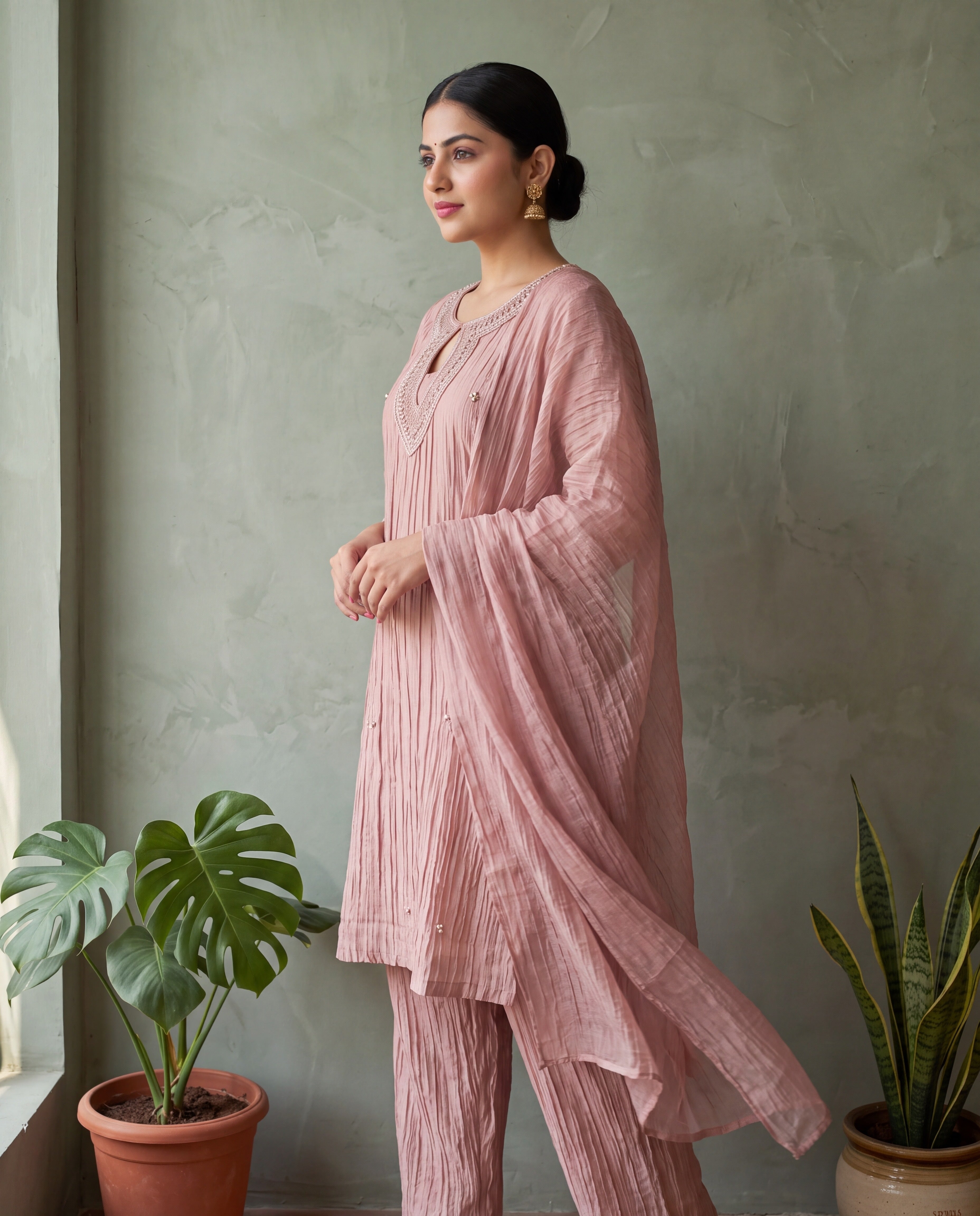 Gulnaar Tissue crush silk Embroidered Dusty Pink 3-Piece Set (Devri – D.No 13584)