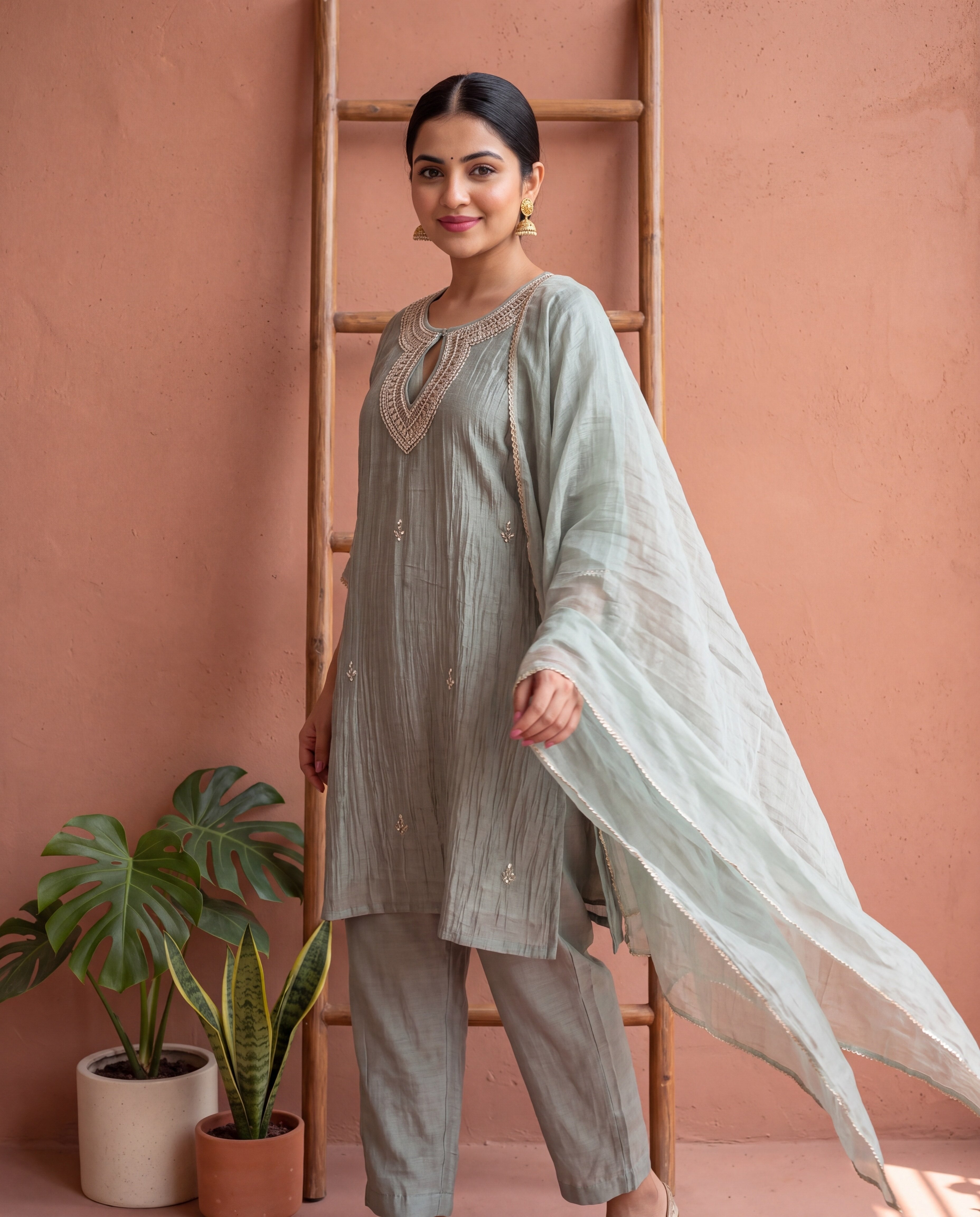 Zarmina Tissue crush silk Embroidered Sage Green 3-Piece Set (Devri – D.No 13585)