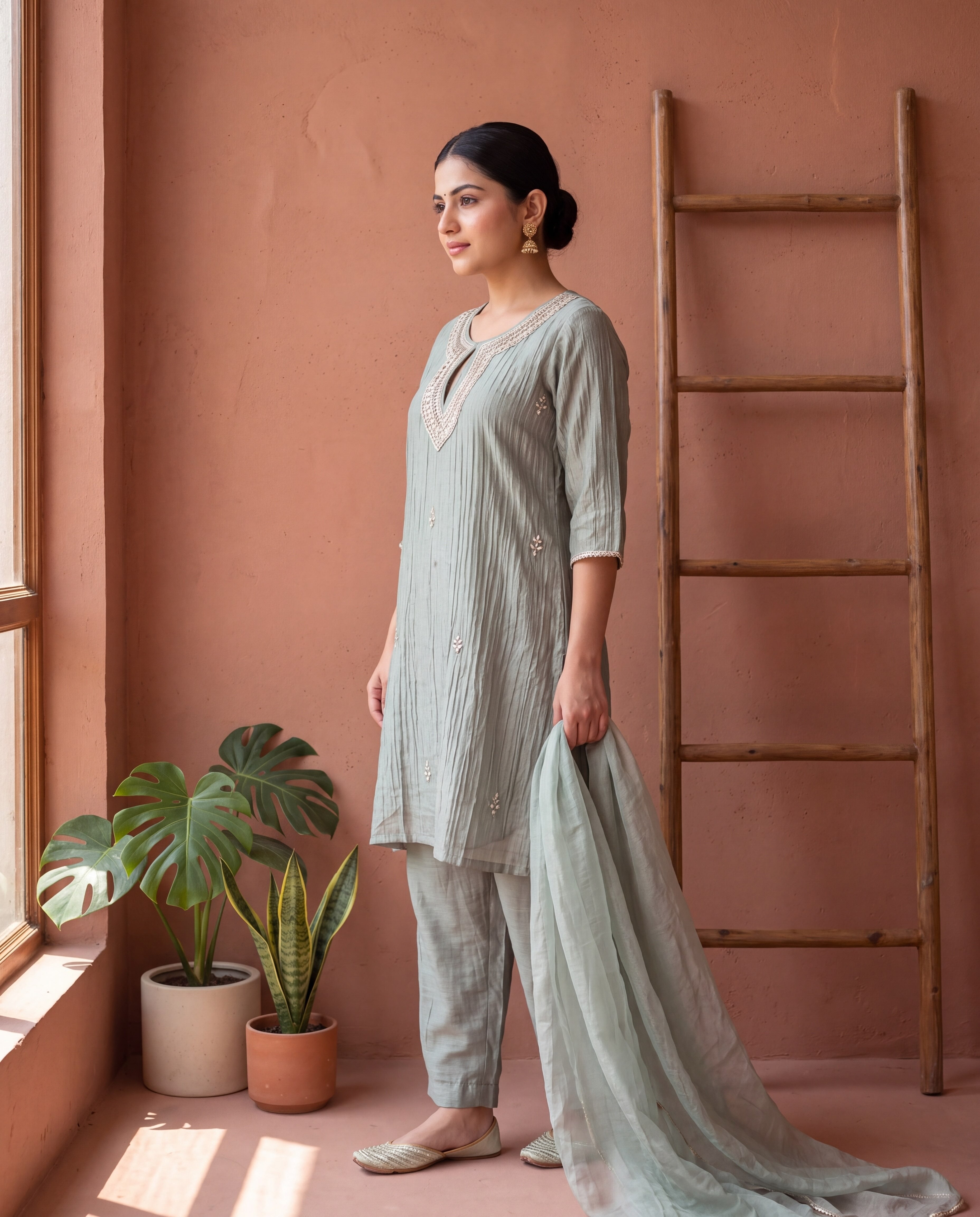Zarmina Tissue crush silk Embroidered Sage Green 3-Piece Set (Devri – D.No 13585)