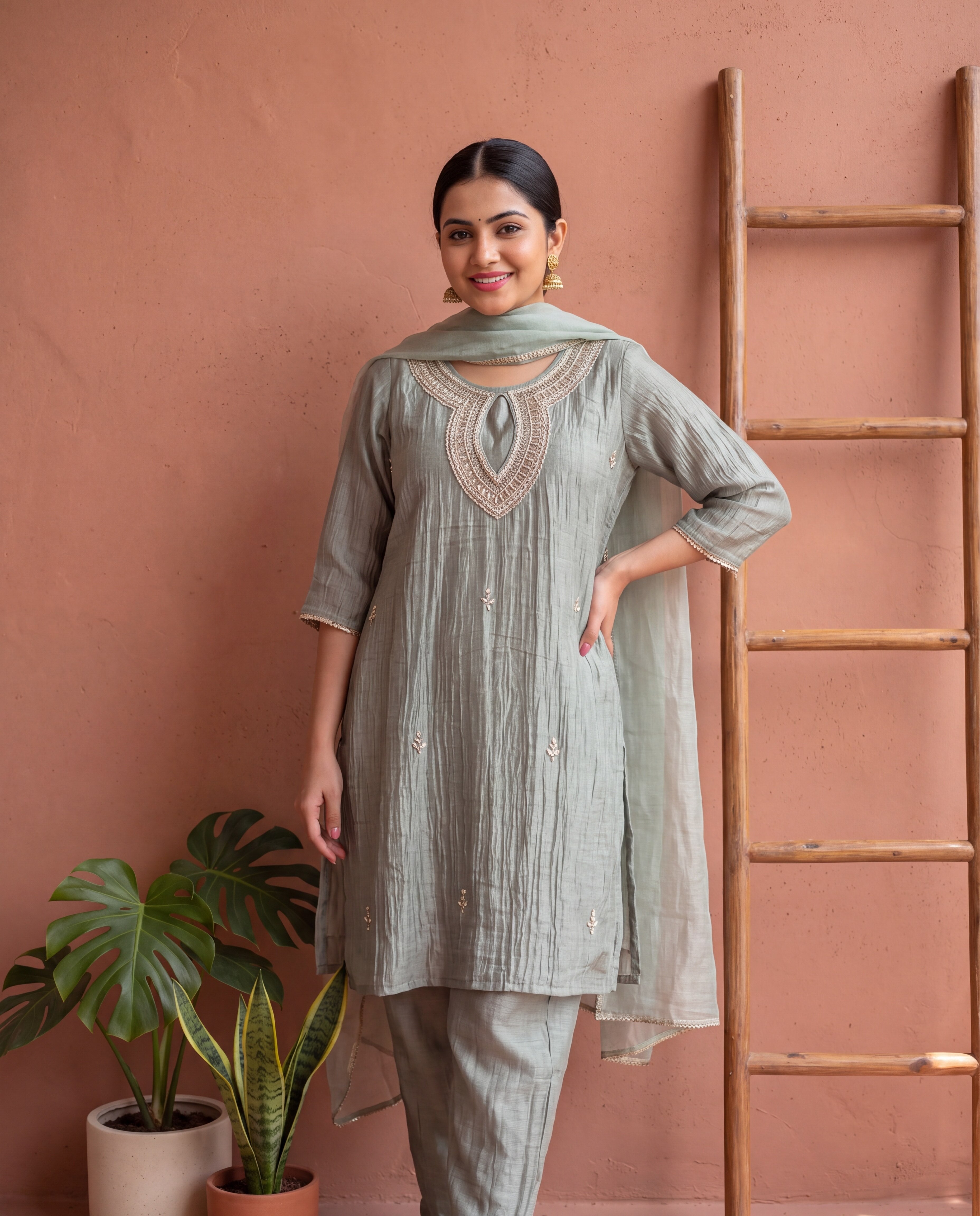 Zarmina Tissue crush silk Embroidered Sage Green 3-Piece Set (Devri – D.No 13585)