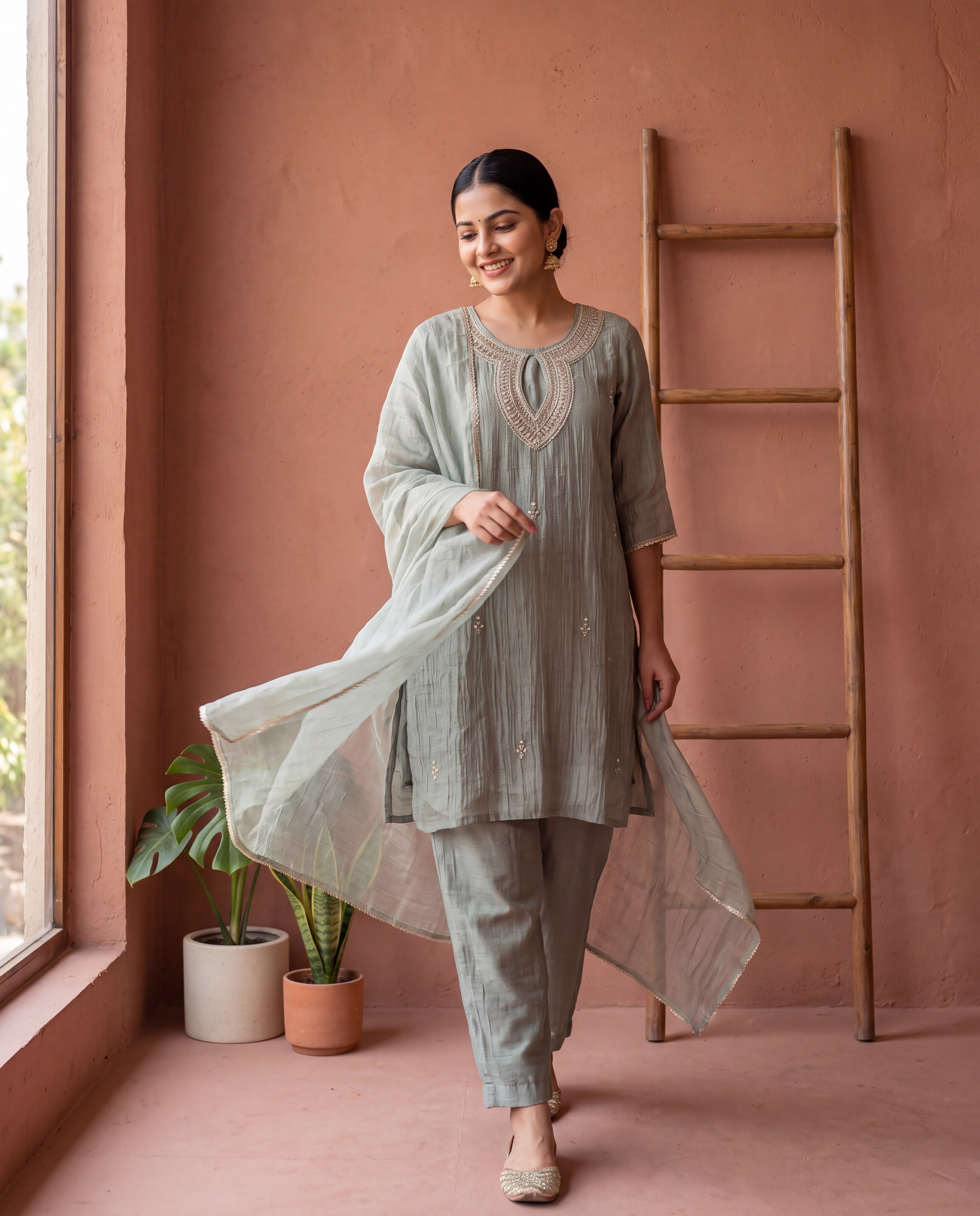 Zarmina Tissue crush silk Embroidered Sage Green 3-Piece Set (Devri – D.No 13585)