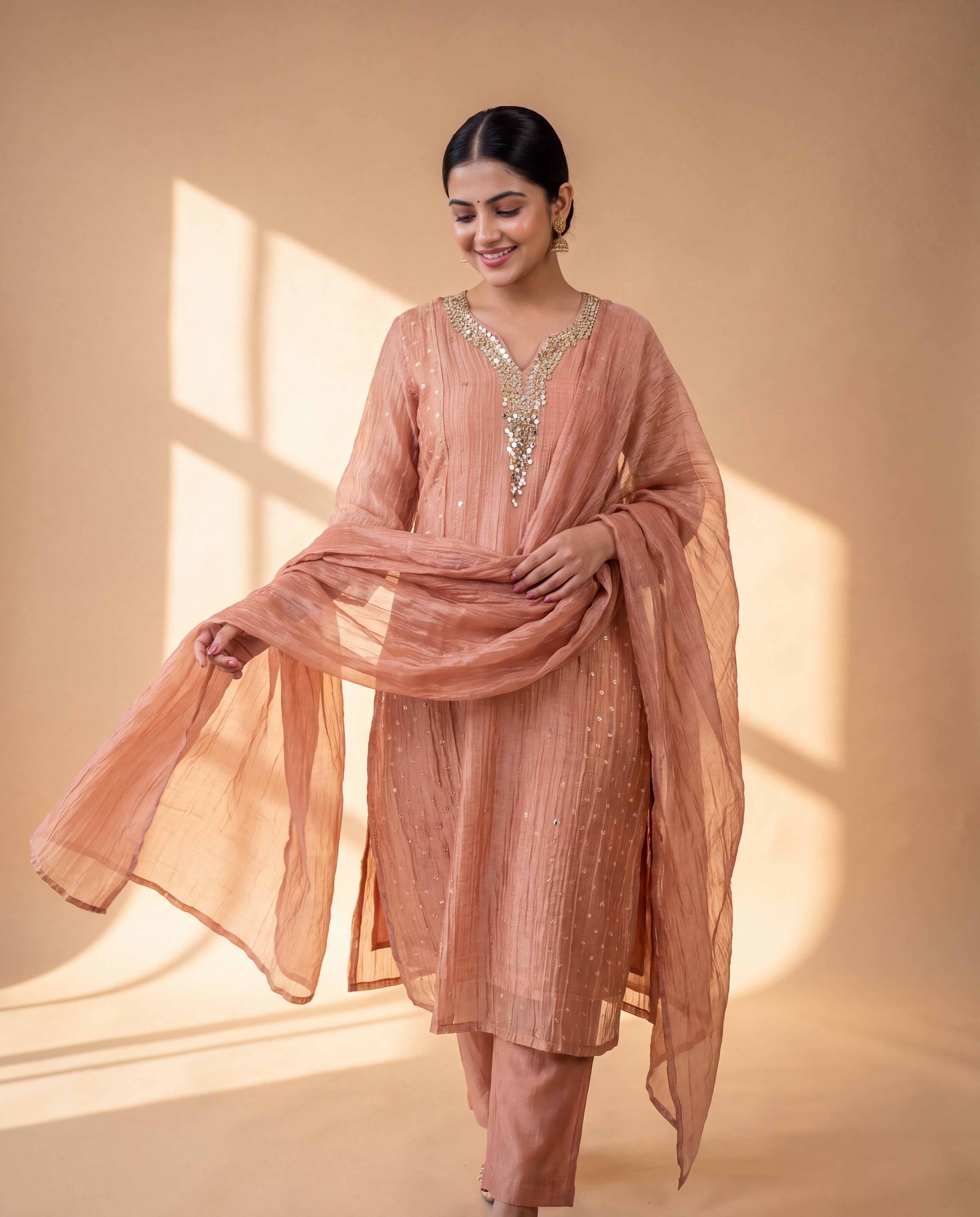 Gulnaar Tissue crush silk Embroidered Peach 3-Piece Set (Devri – D.No 13581)