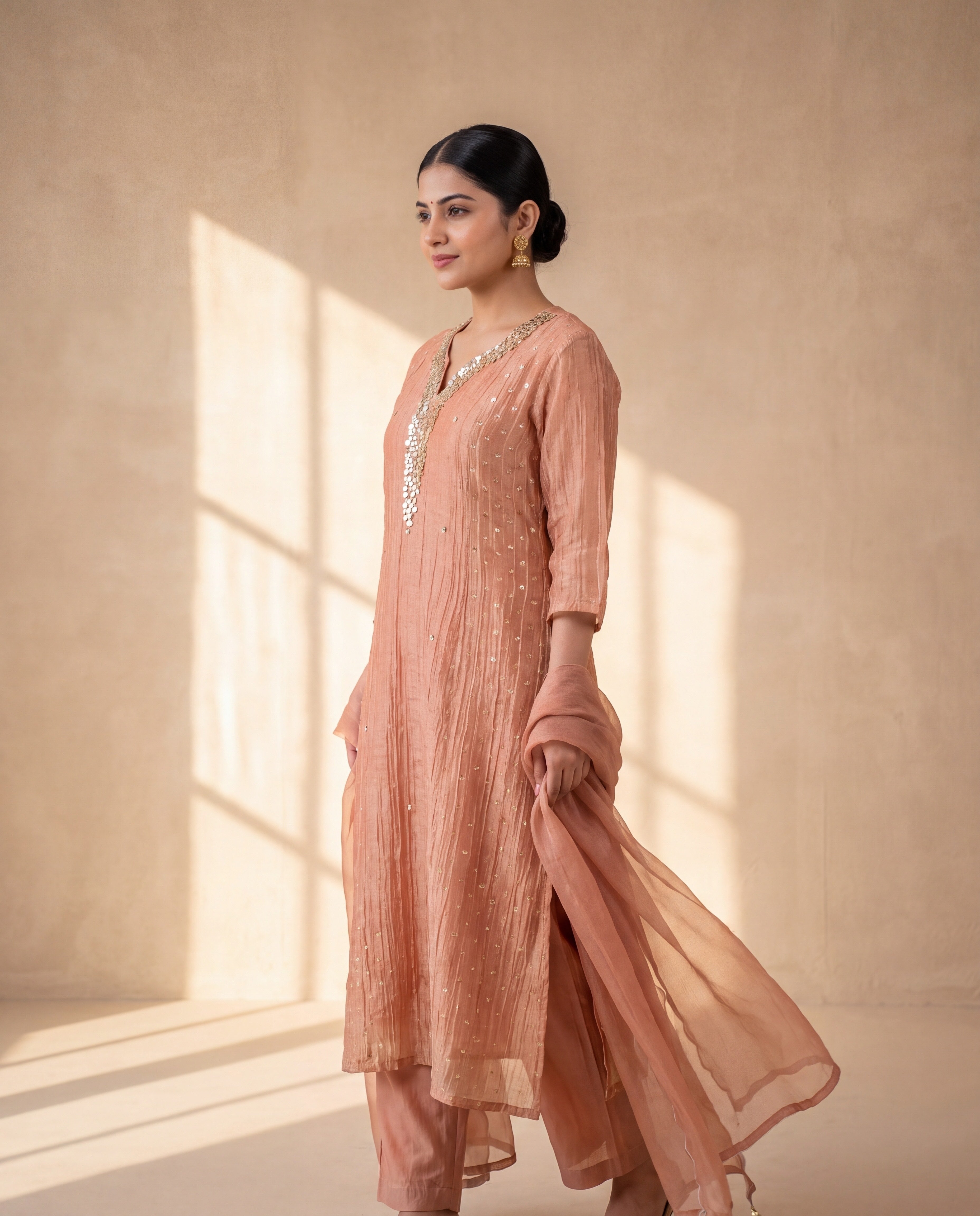Gulnaar Tissue crush silk Embroidered Peach 3-Piece Set (Devri – D.No 13581)