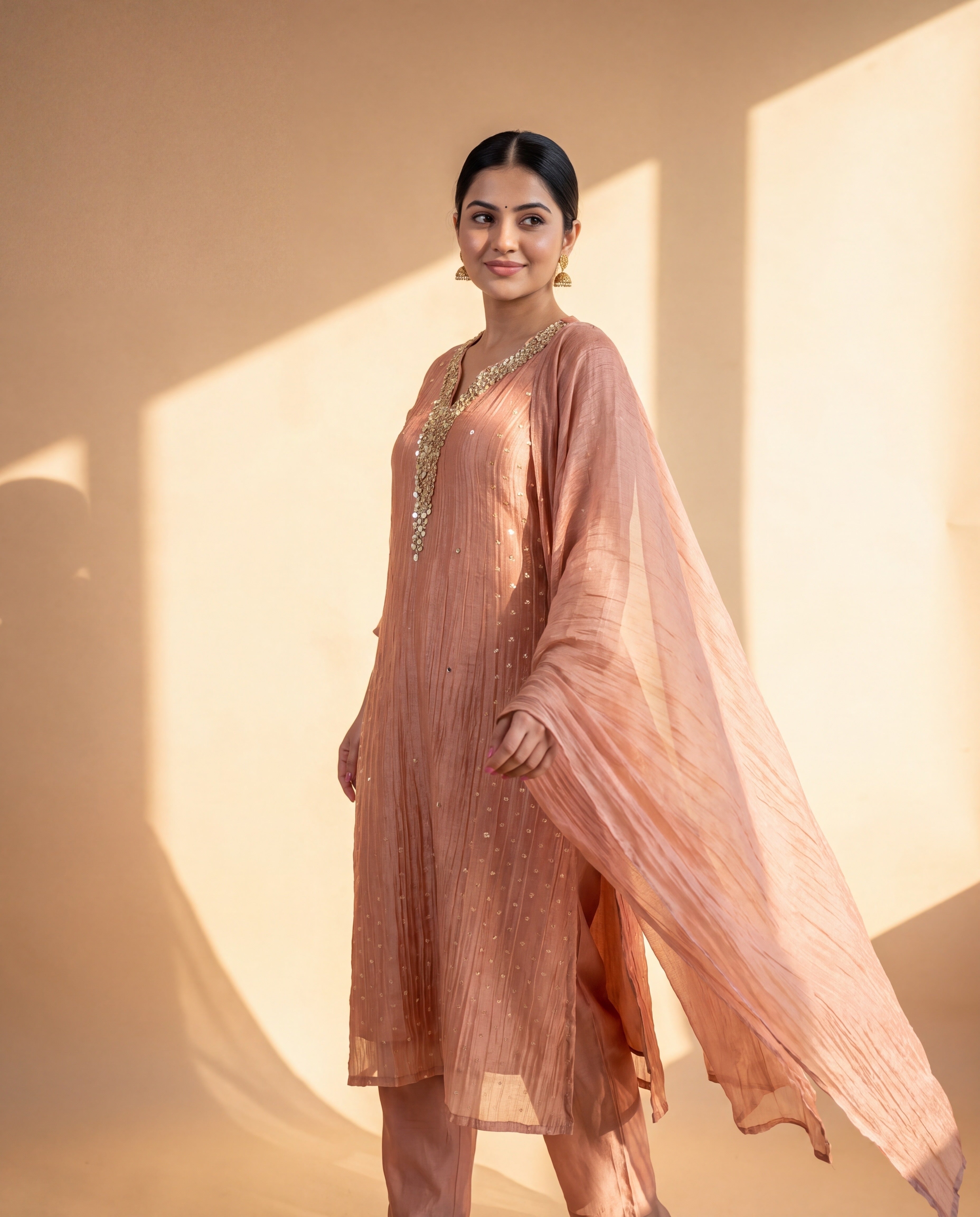 Gulnaar Tissue crush silk Embroidered Peach 3-Piece Set (Devri – D.No 13581)