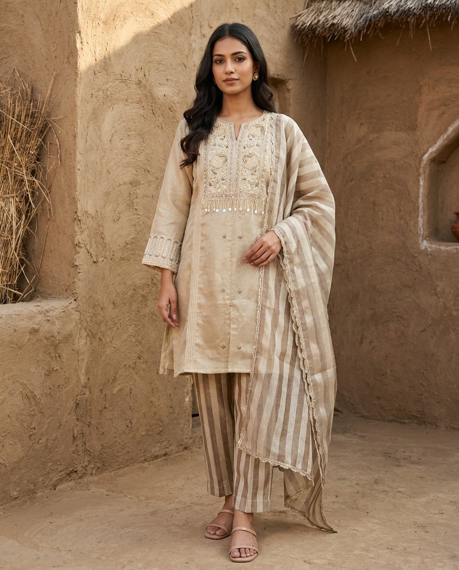 Zarmina Tissue Silk Embroidered Beige 3-Piece Set (Devri – D.No 21171)
