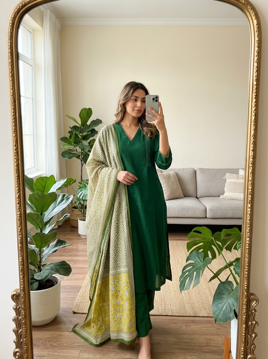 Inaya Cotton Printed Emerald Green 3-Piece Set (Devri – D.No 12784)