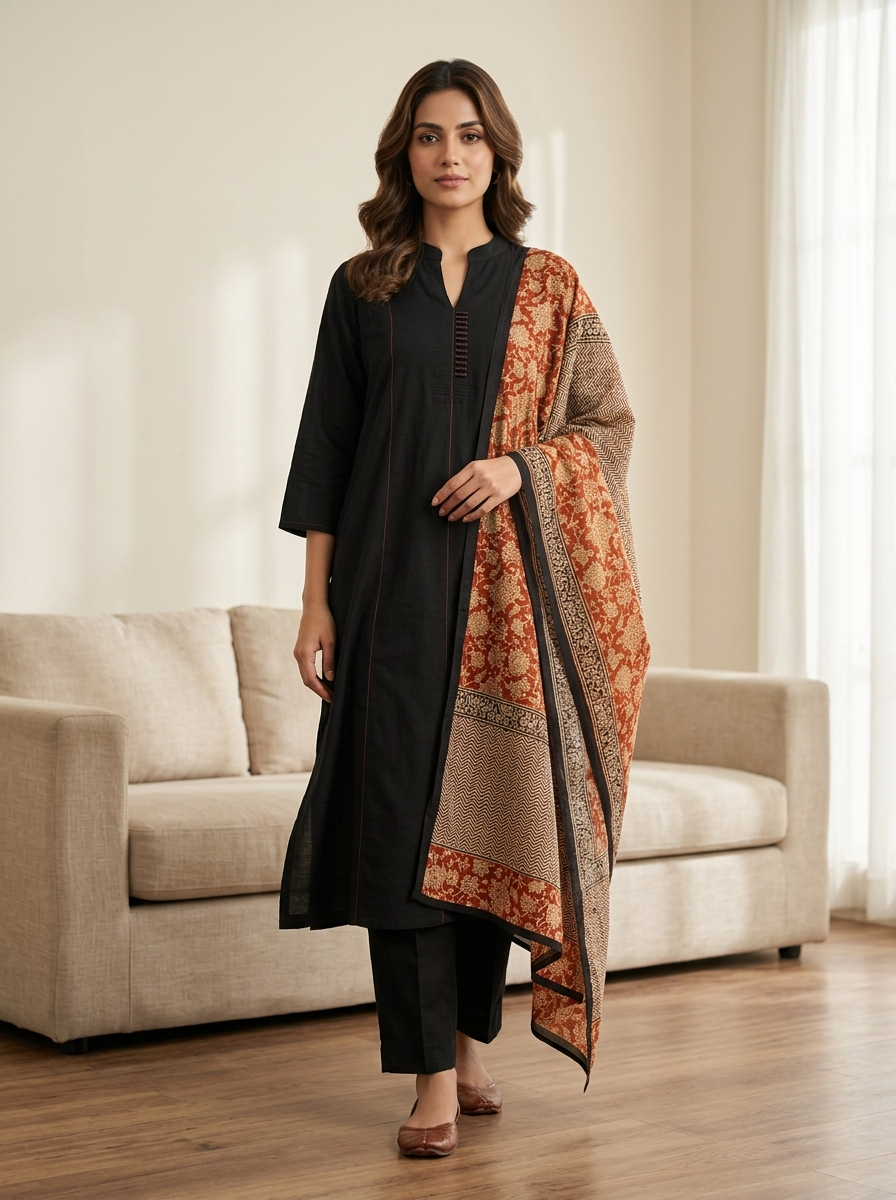 Zoya Cotton Printed Black 3-Piece Set (Devri – D.No 12789)