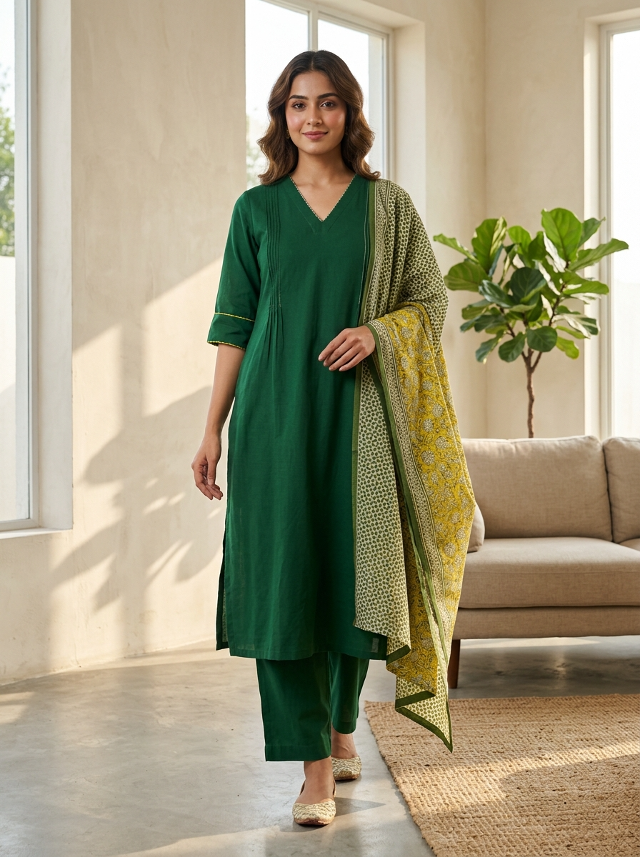 Inaya Cotton Printed Emerald Green 3-Piece Set (Devri – D.No 12784)