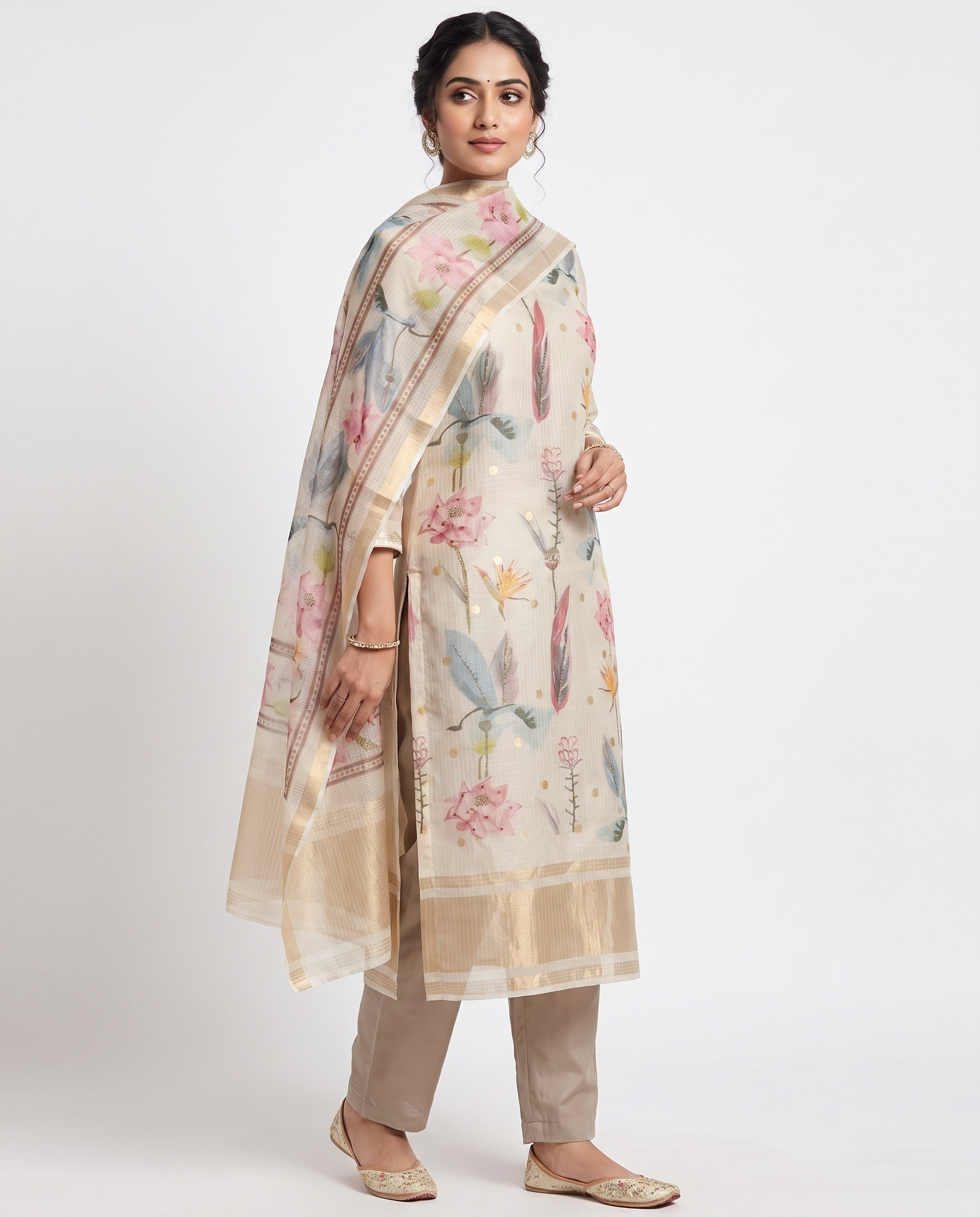 Beige Linen Cotton Floral Unstitched 3-Piece Suit (Devri – D.No 12595)