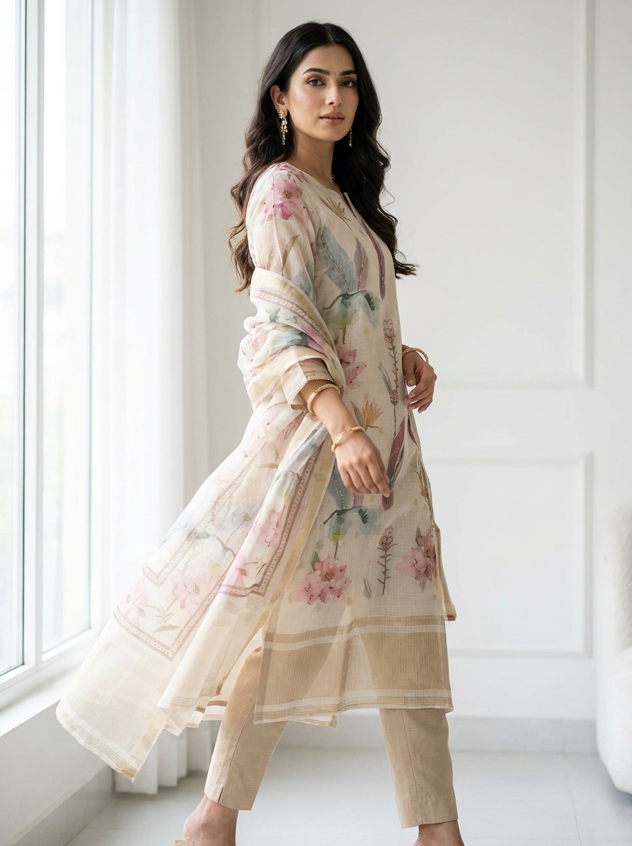 Beige kota Cotton Floral Unstitched 3-Piece Suit (Devri – D.No 12595)