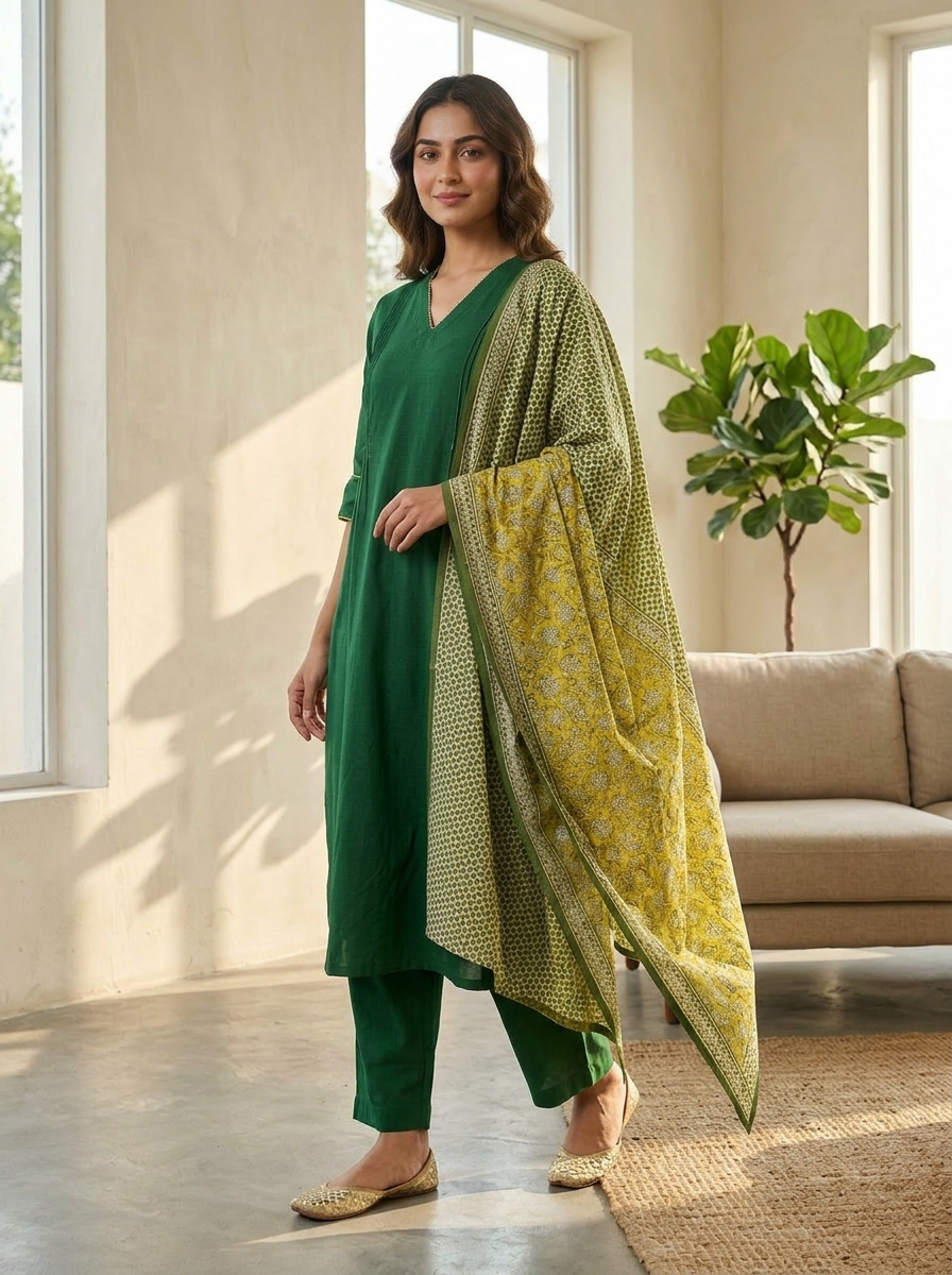 Inaya Cotton Printed Emerald Green 3-Piece Set (Devri – D.No 12784)