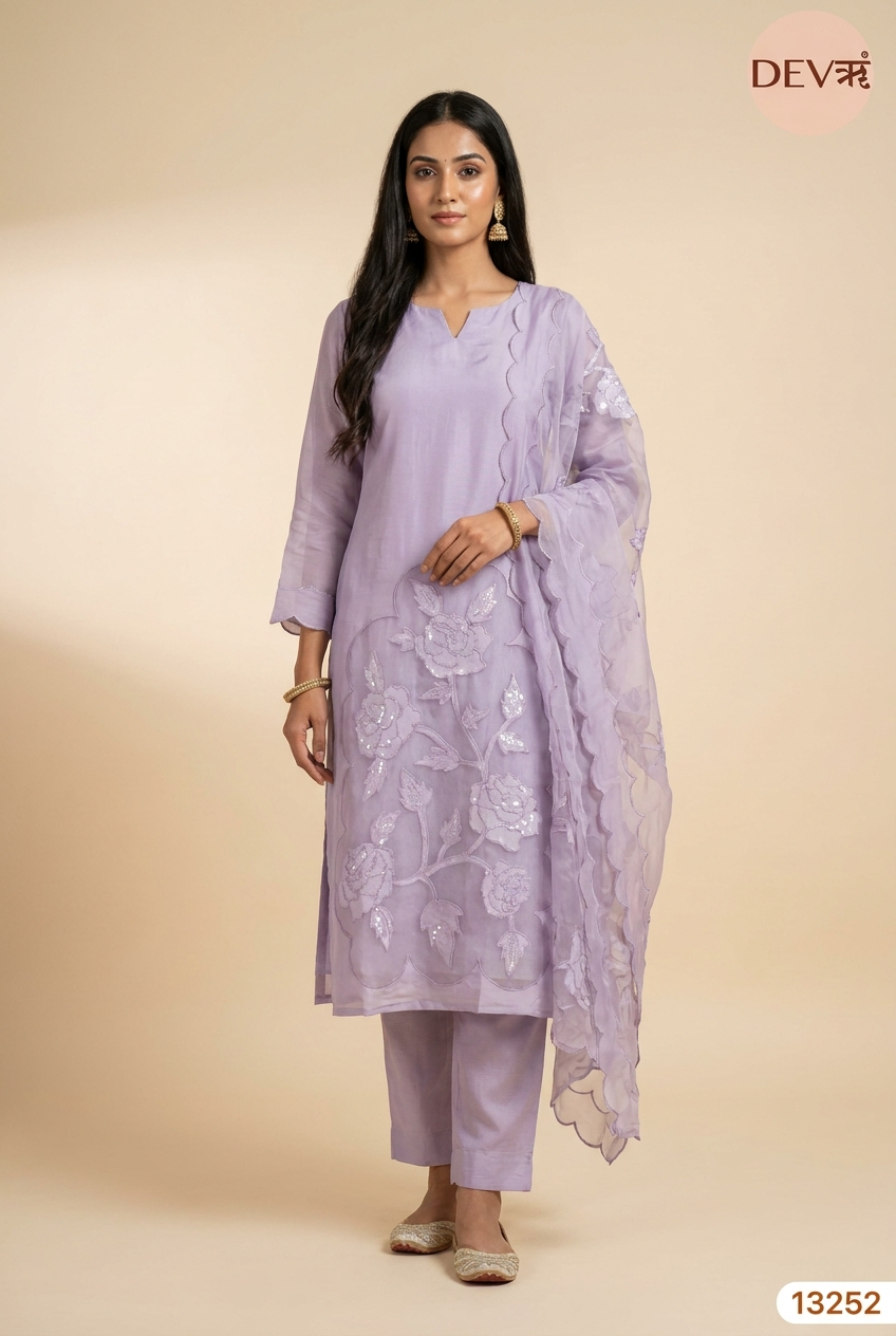 Lavender Mul Chanderi Embroidered Unstitched 3-Piece Suit (Devri – D.No 13252)