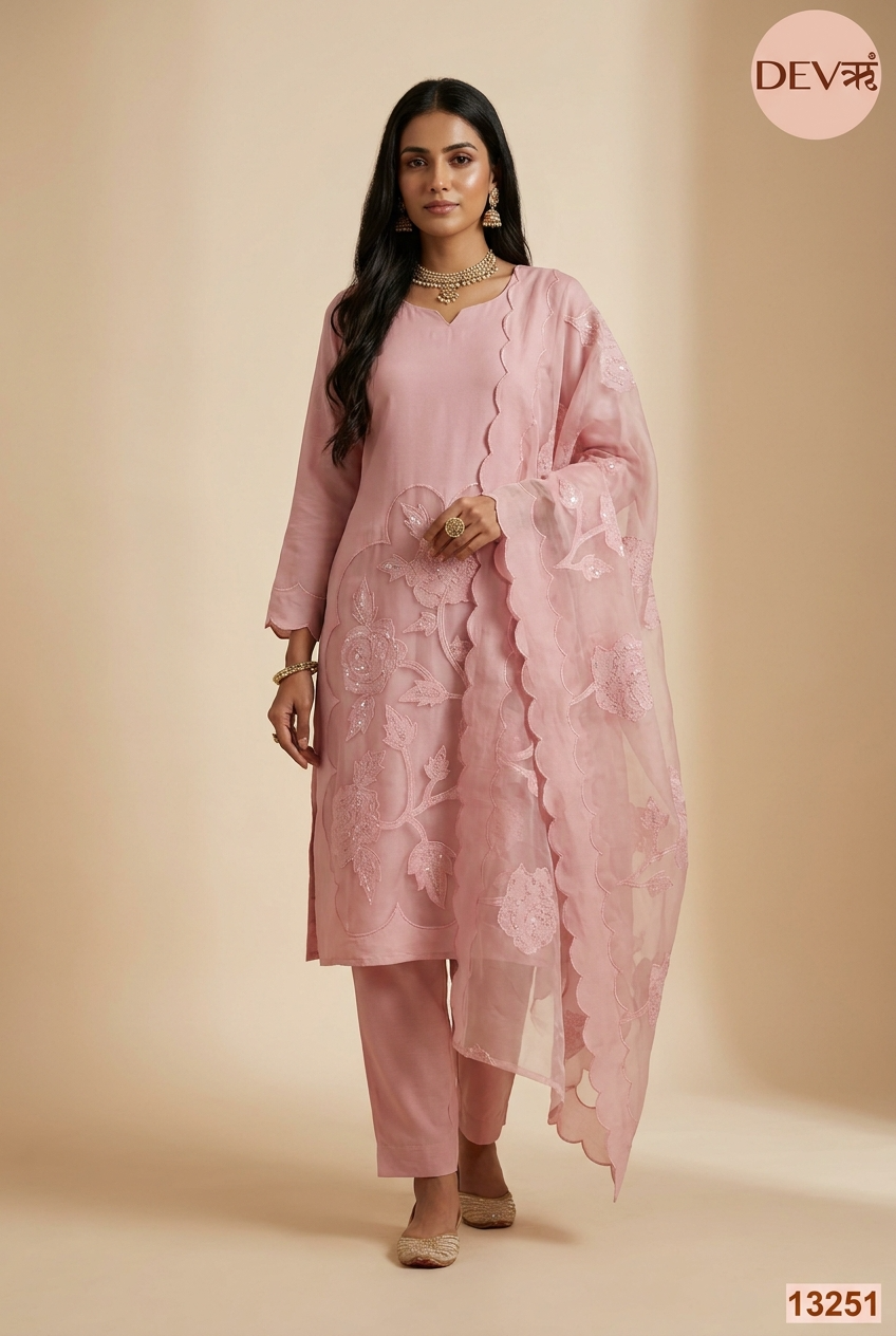 Pink Mul Chanderi Embroidered Unstitched 3-Piece Suit (Devri – D.No 13251)