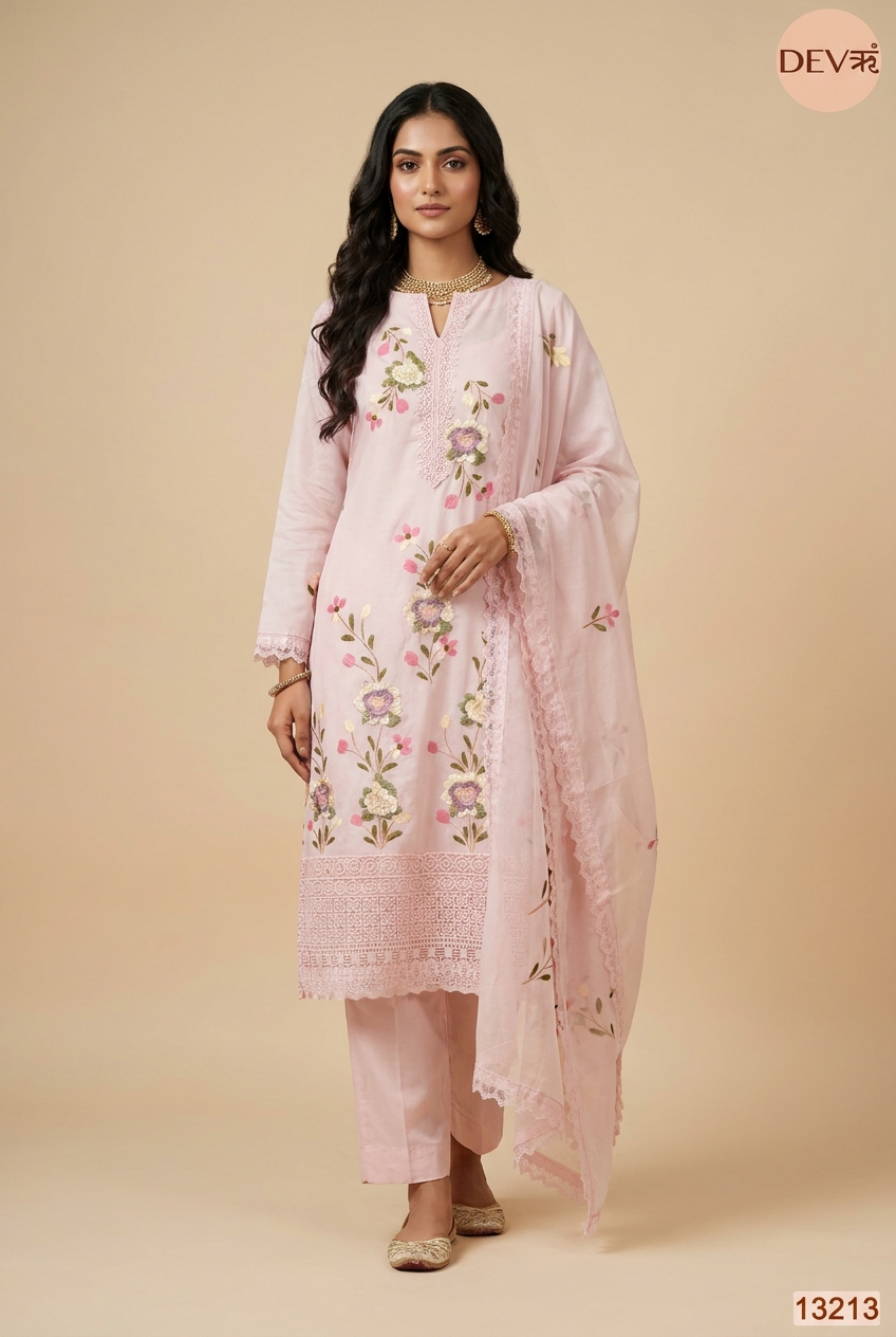 Pink Mul Chanderi Embroidered Unstitched 3-Piece Suit (Devri – D.No 13213)