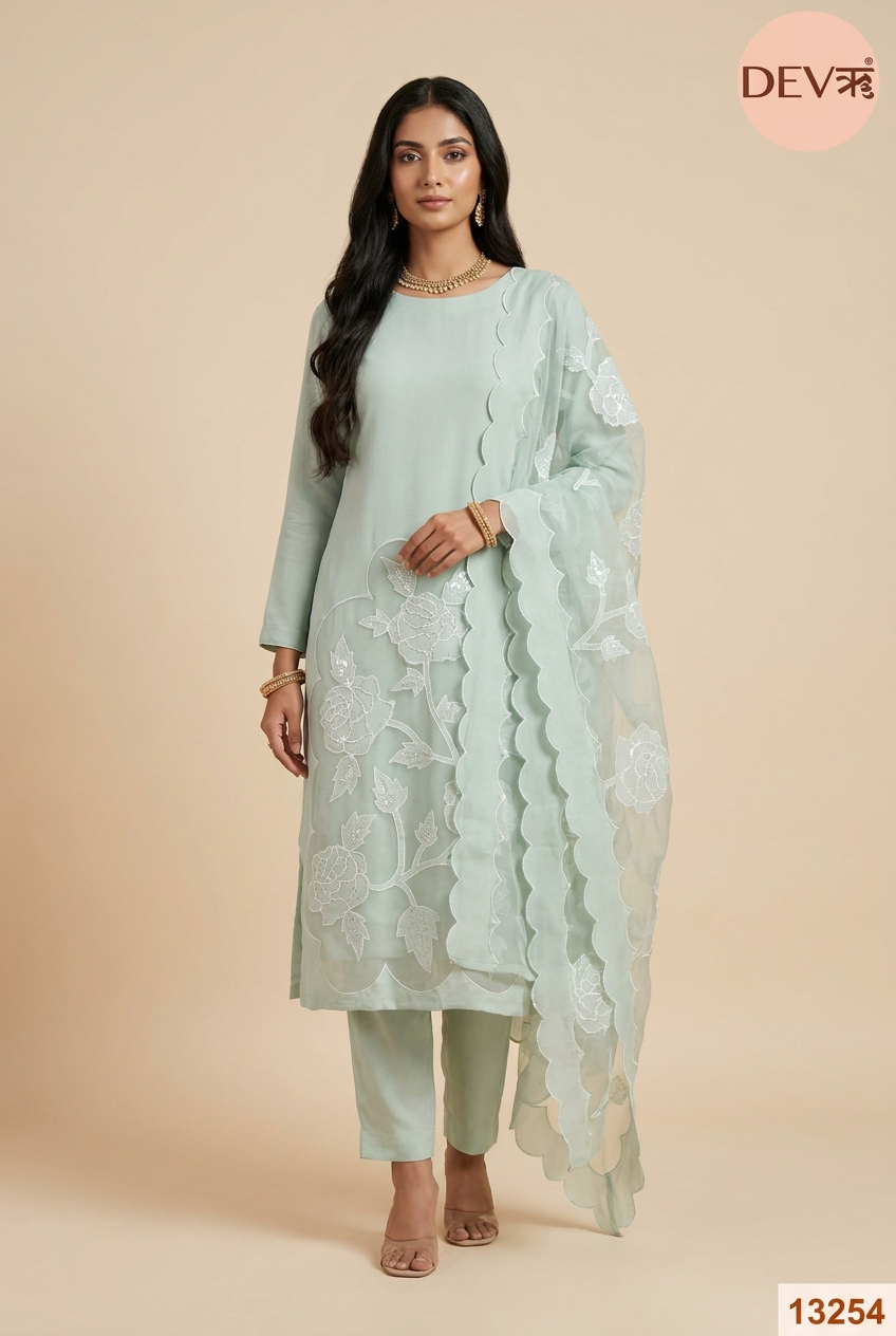 Mint Mul Chanderi Embroidered Unstitched 3-Piece Suit (Devri – D.No 13254)