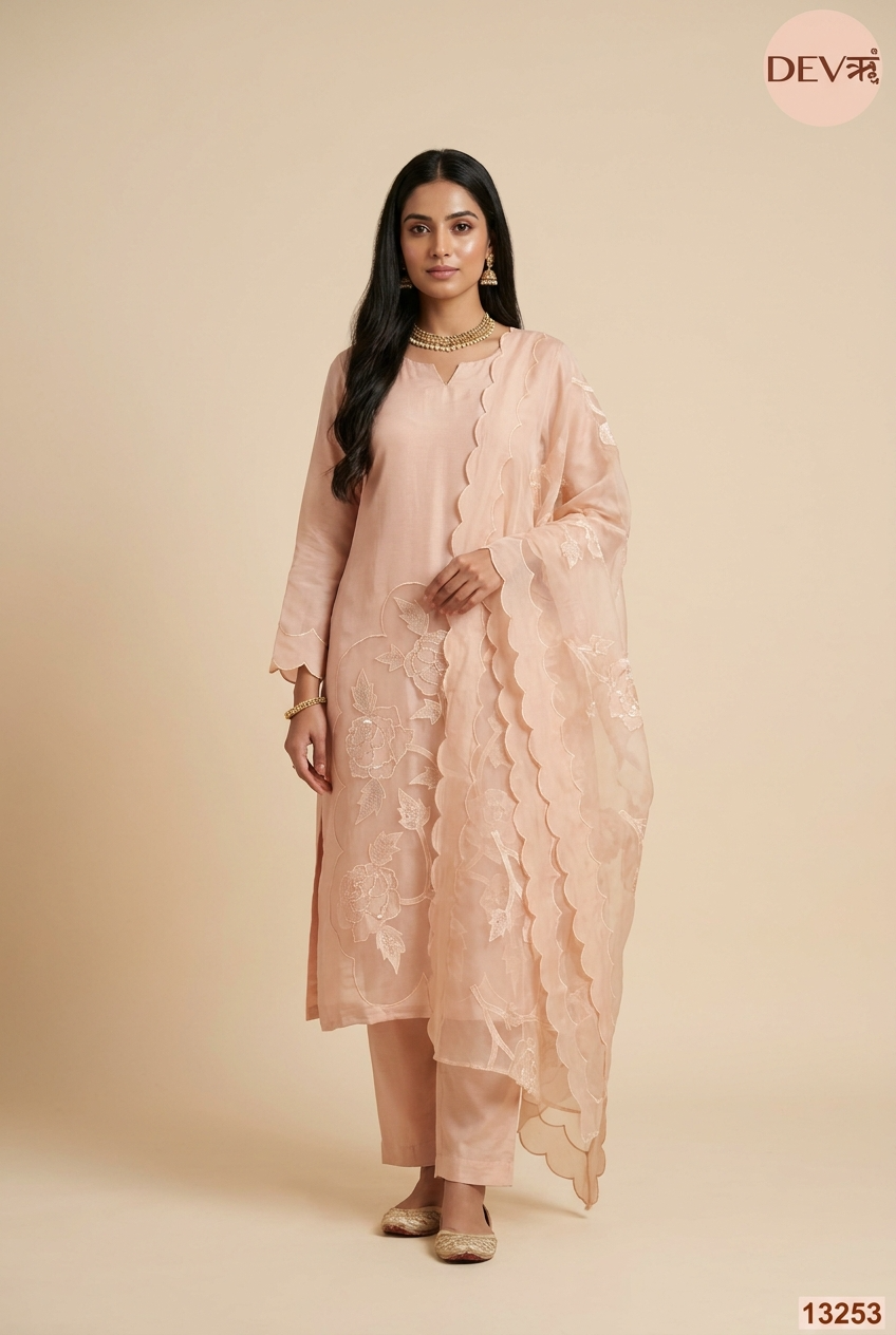 Peach Mul Chanderi Embroidered Unstitched 3-Piece Suit (Devri – D.No 13253)